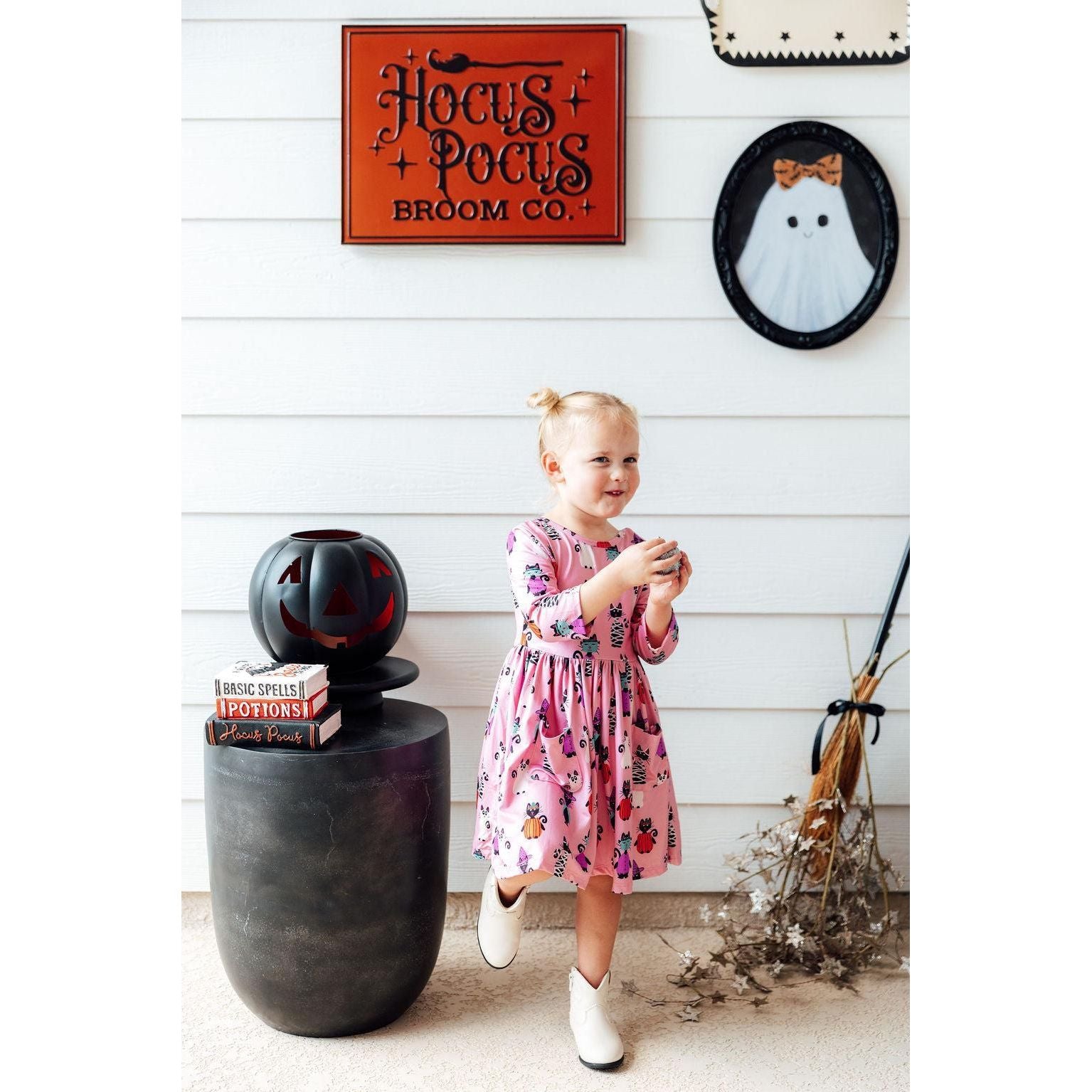 Purr-fectly Spooky 3/4 Sleeve Pocket Twirl Dress