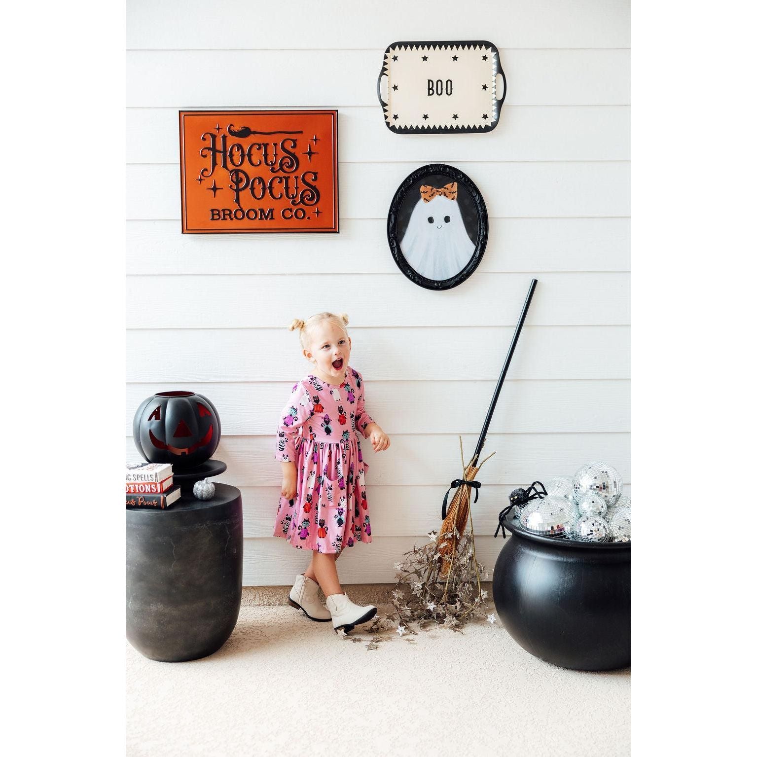 Purr-fectly Spooky 3/4 Sleeve Pocket Twirl Dress