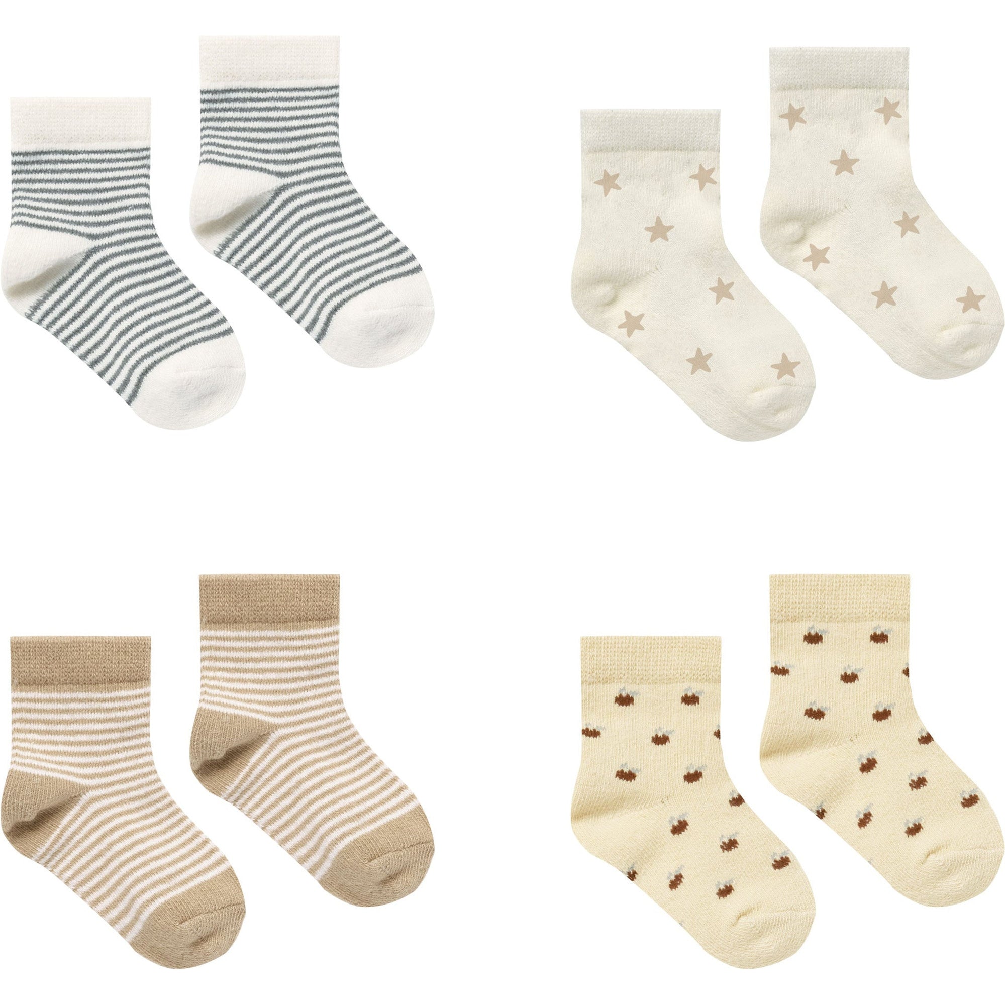 printed sock set || latte micro stripe, doves, stripe, apples