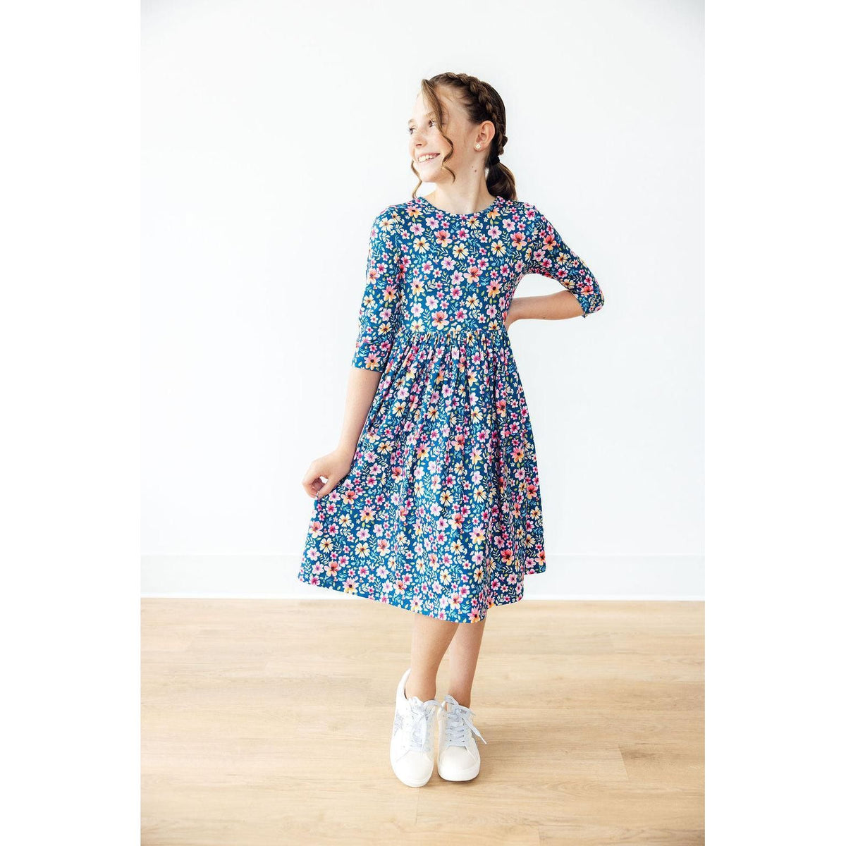 Rainforest Blooms 3/4 Sleeve Pocket Twirl Dress