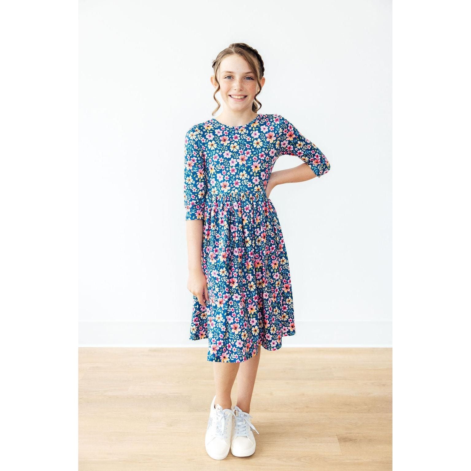 Rainforest Blooms 3/4 Sleeve Pocket Twirl Dress