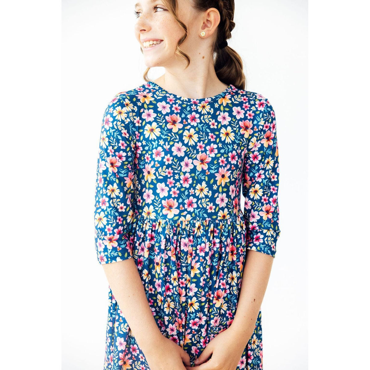 Rainforest Blooms 3/4 Sleeve Pocket Twirl Dress