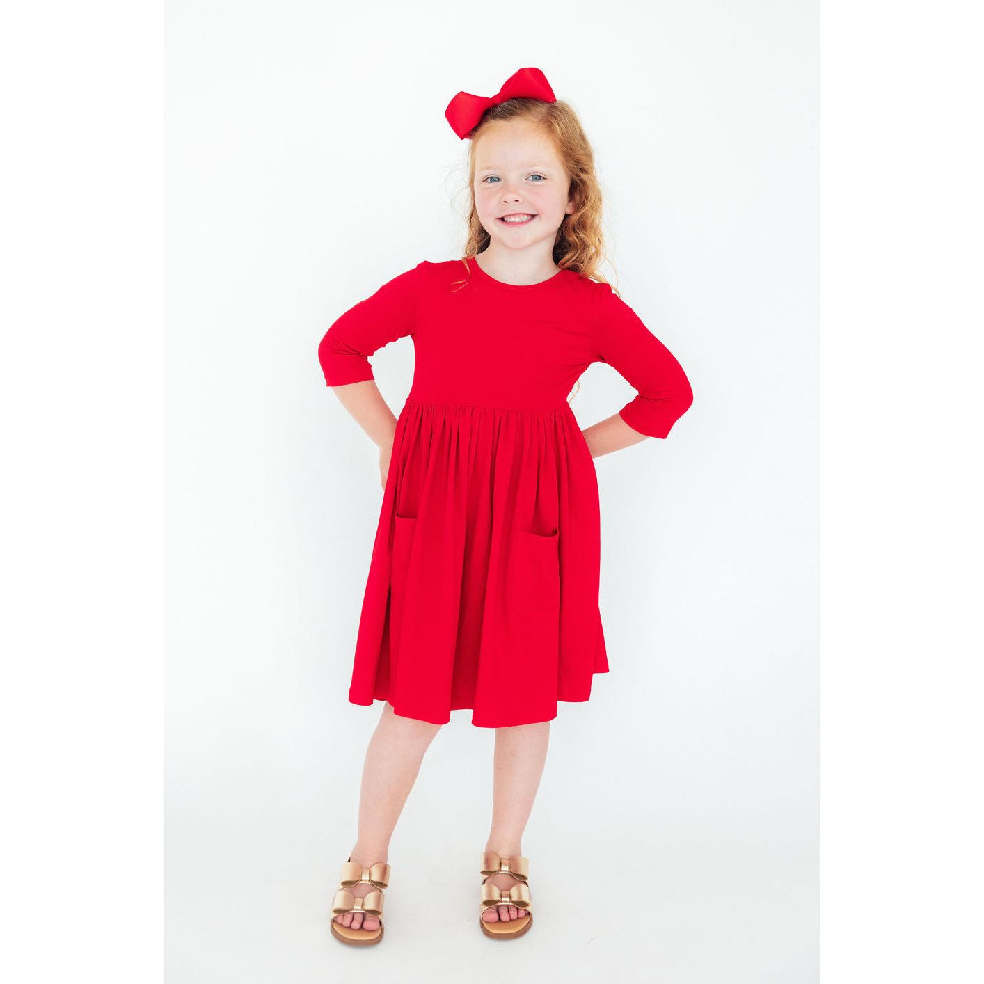 Red 3/4 Sleeve Pocket Twirl Dress