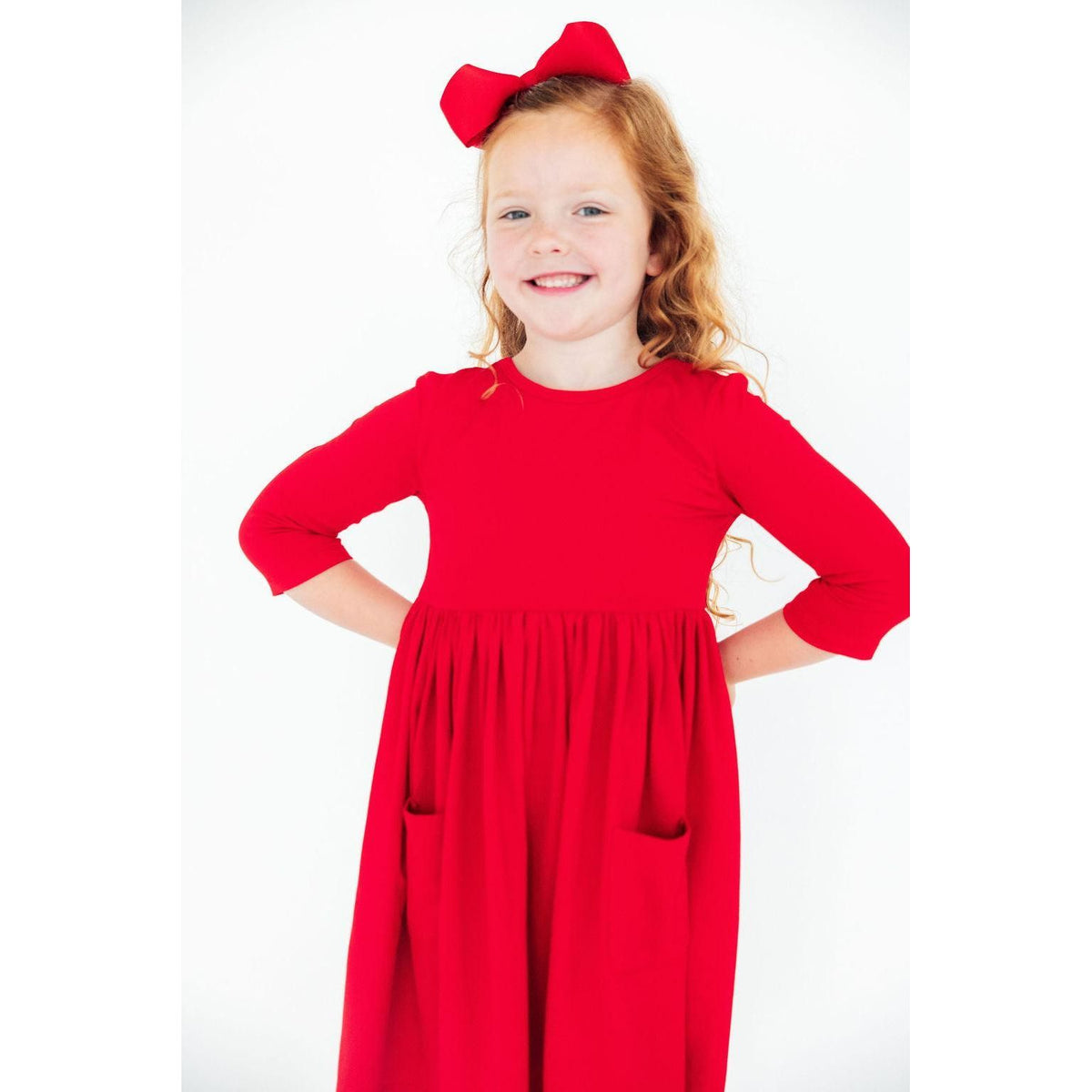 Red 3/4 Sleeve Pocket Twirl Dress
