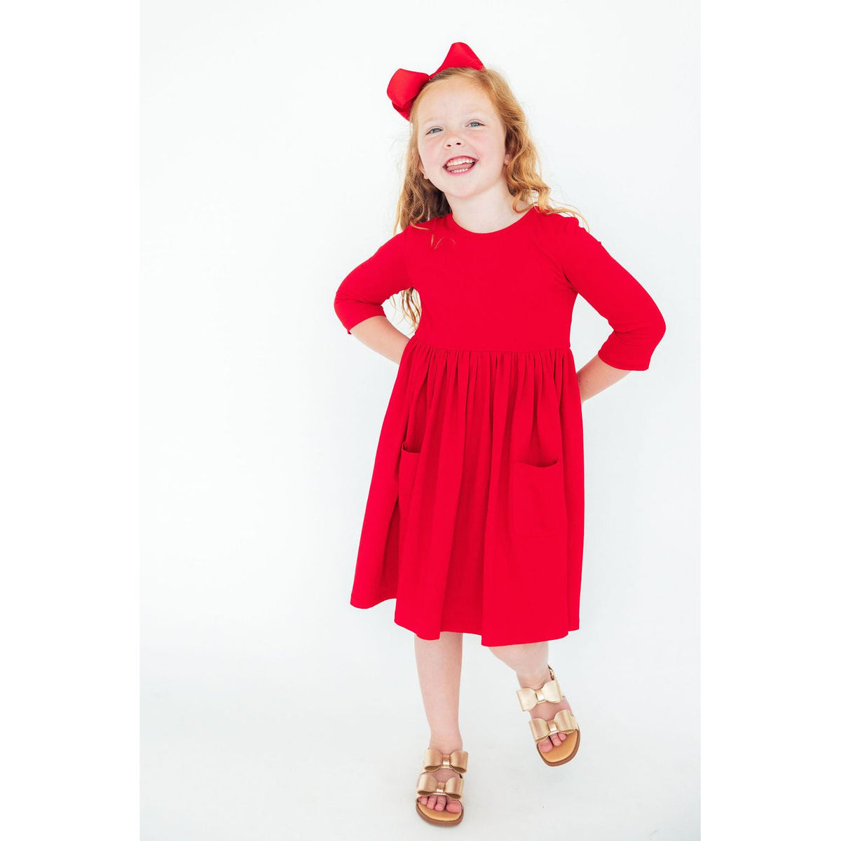 Red 3/4 Sleeve Pocket Twirl Dress