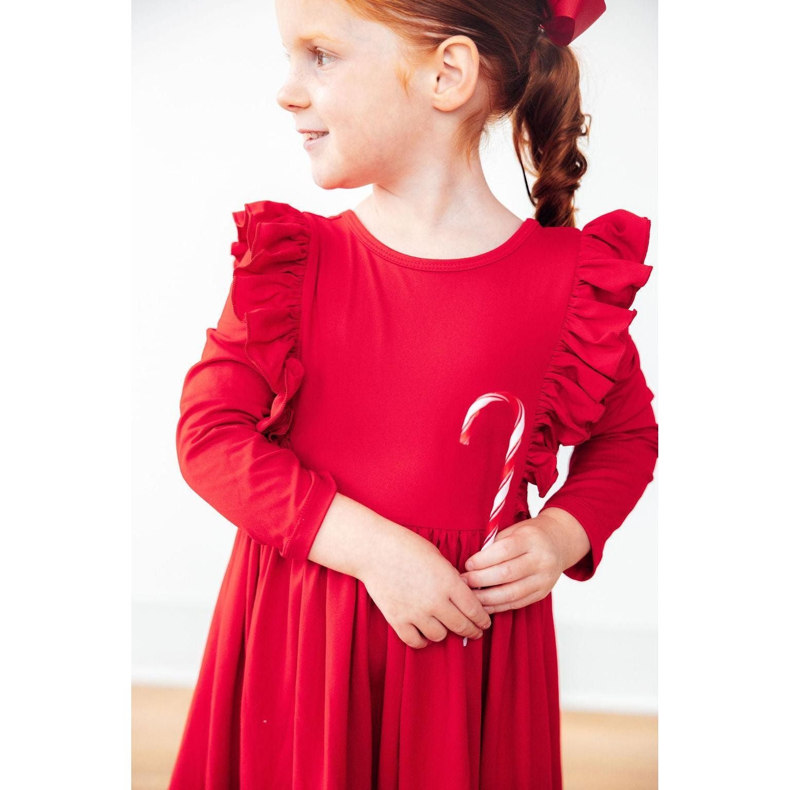 Red L/S Ruffle Twirl Dress