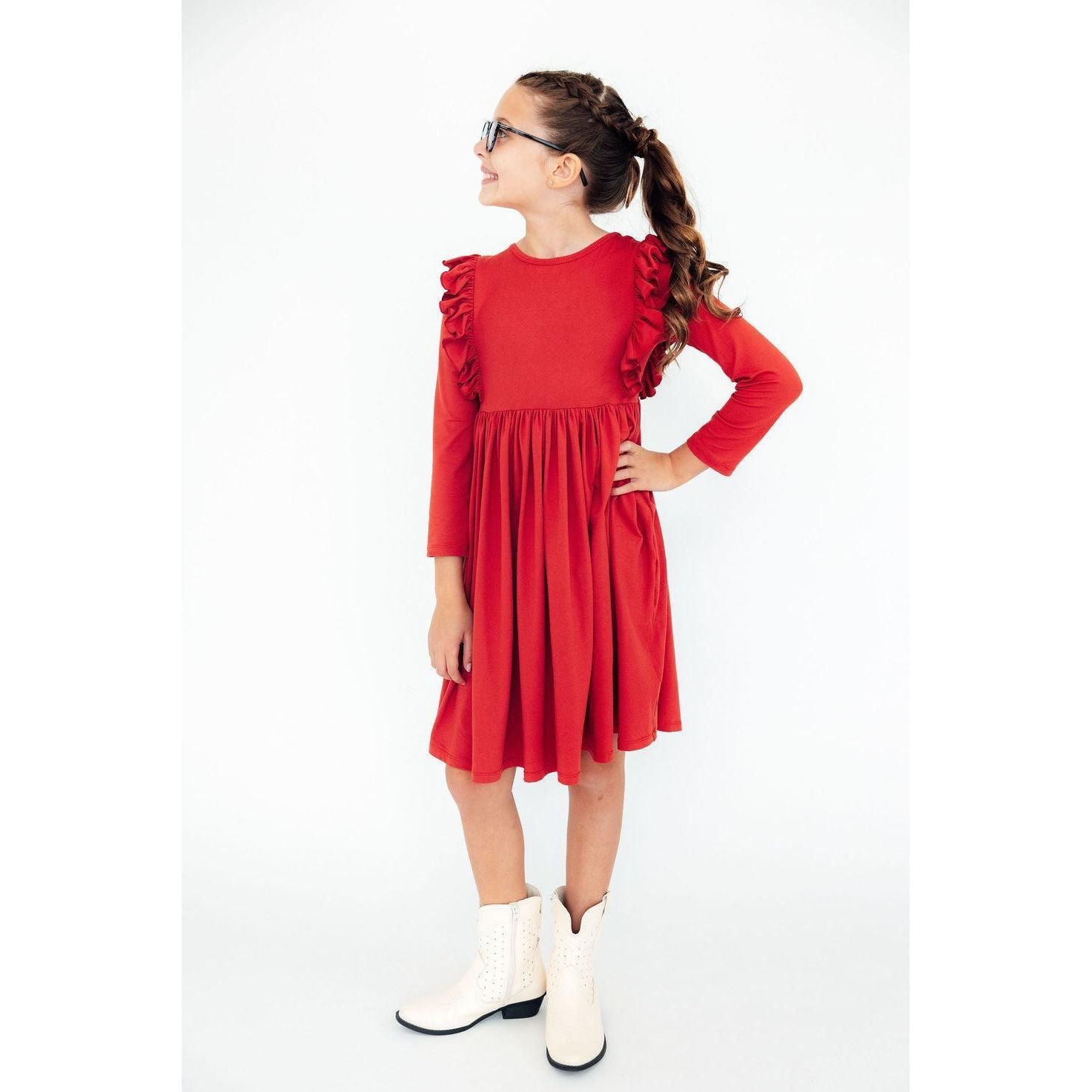 Red L/S Ruffle Twirl Dress