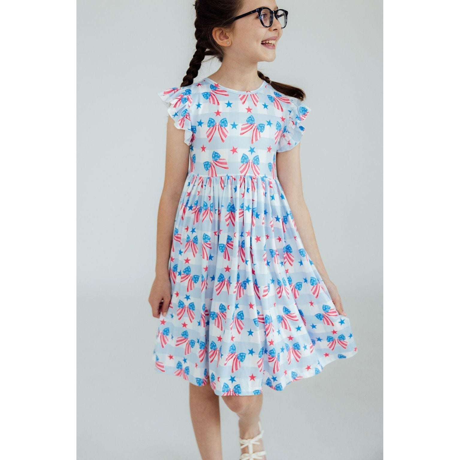 Red, White & Bows Flutter Sleeve Twirl Dress