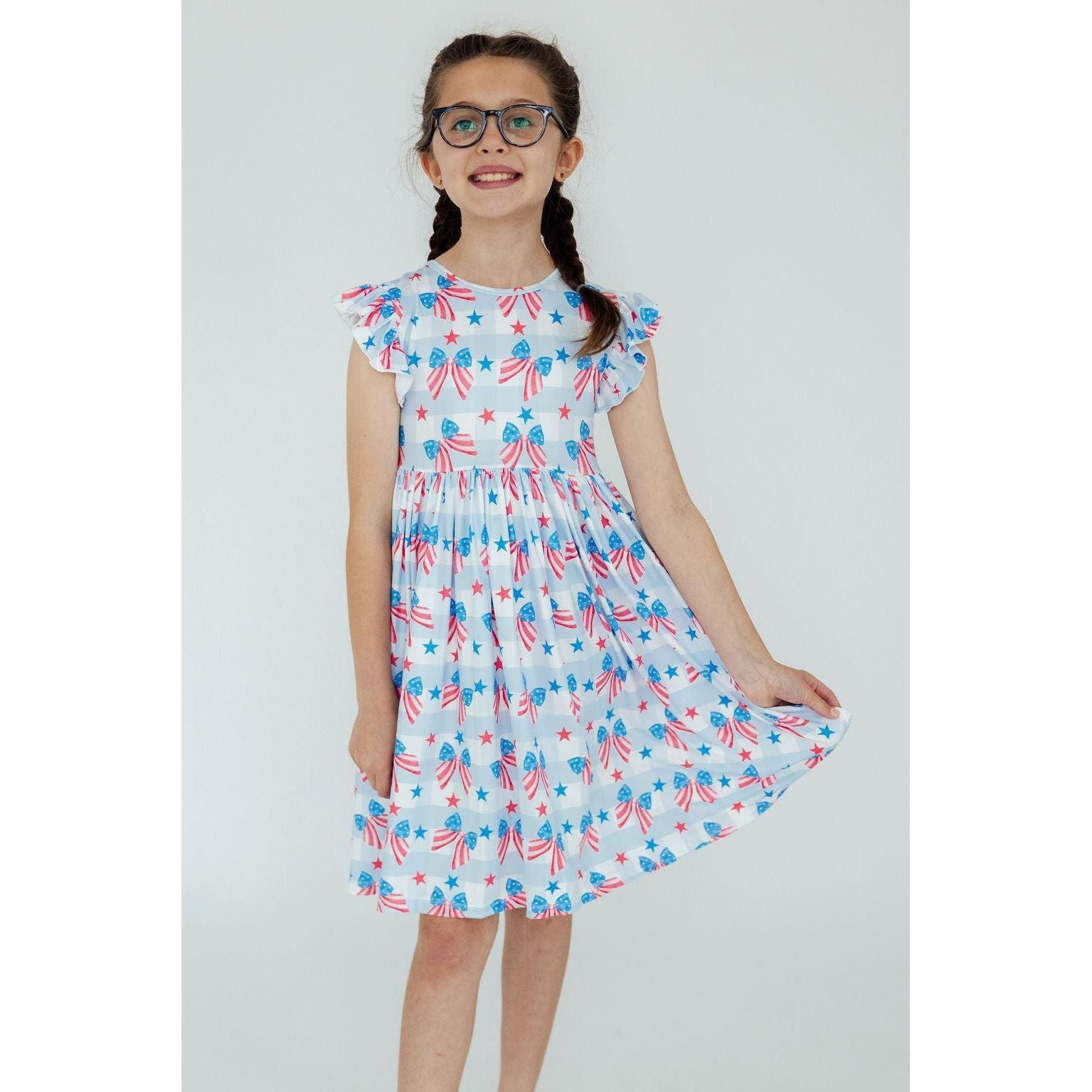 Red, White & Bows Flutter Sleeve Twirl Dress