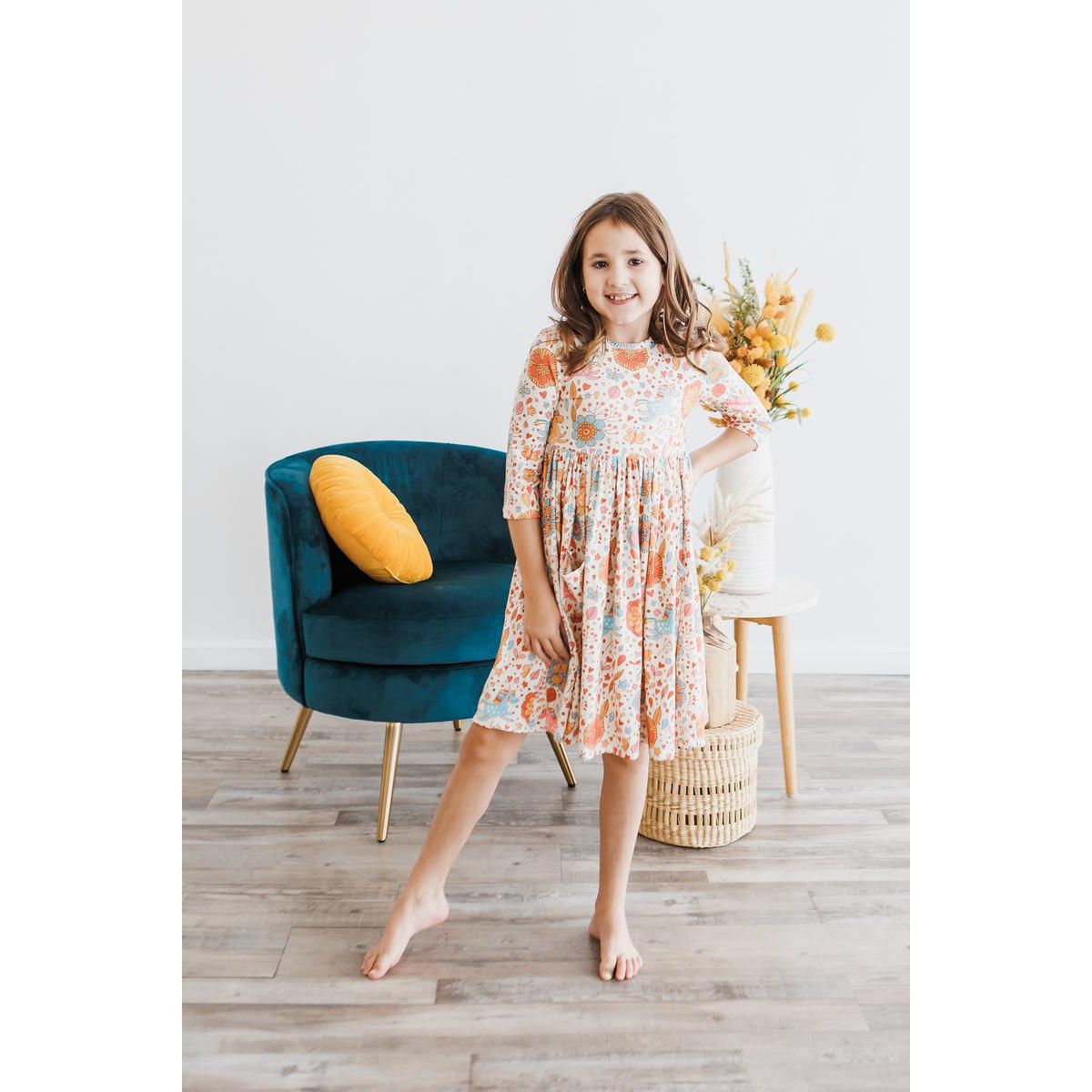 Retro Unicorns 3/4 Sleeve Pocket Twirl Dress
