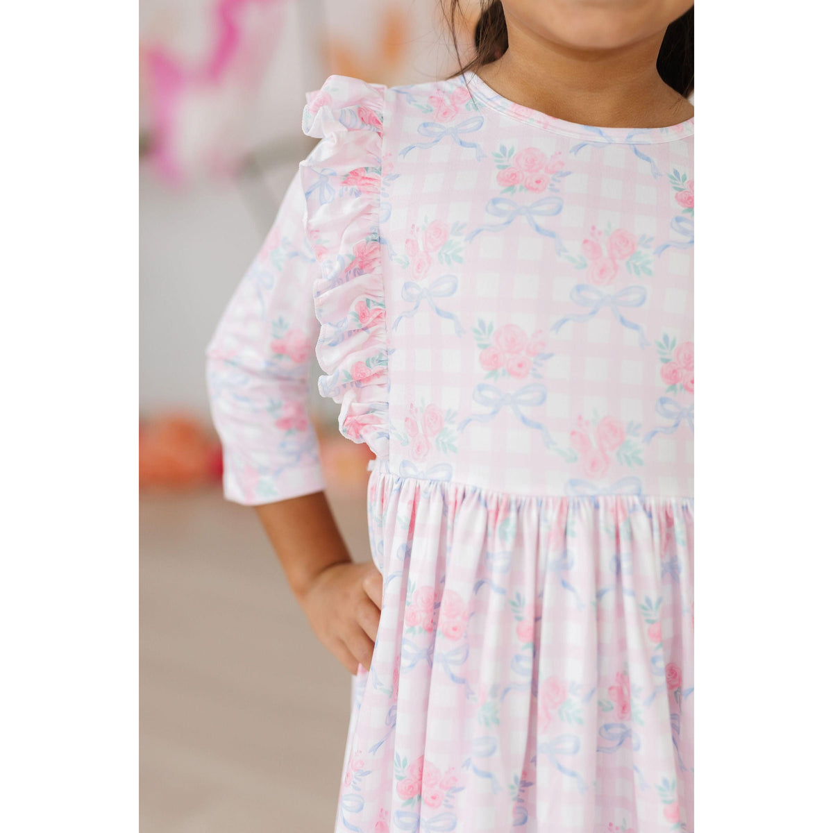 Ribbons & Roses 3/4 Sleeve Ruffle Twirl Dress
