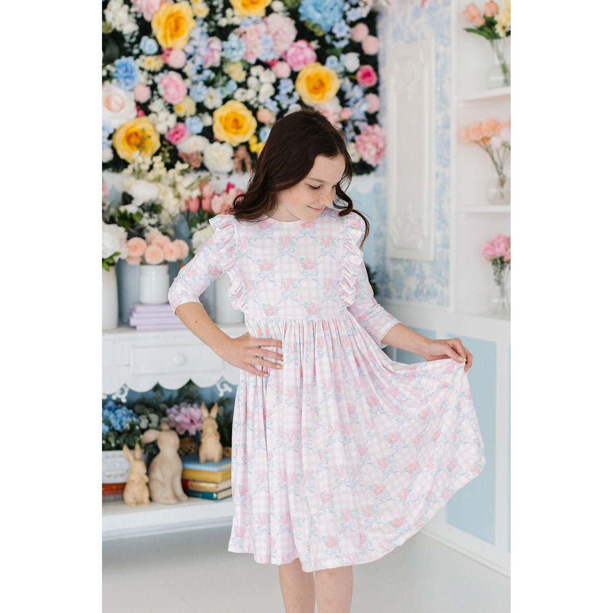 Ribbons &amp; Roses 3/4 Sleeve Ruffle Twirl Dress