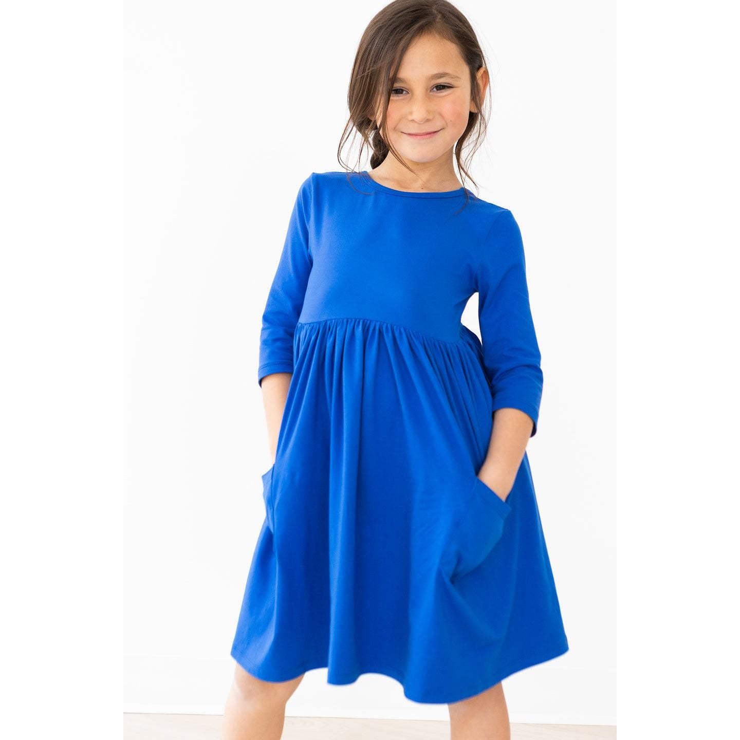 Royal Blue 3/4 Sleeve Pocket Twirl Dress