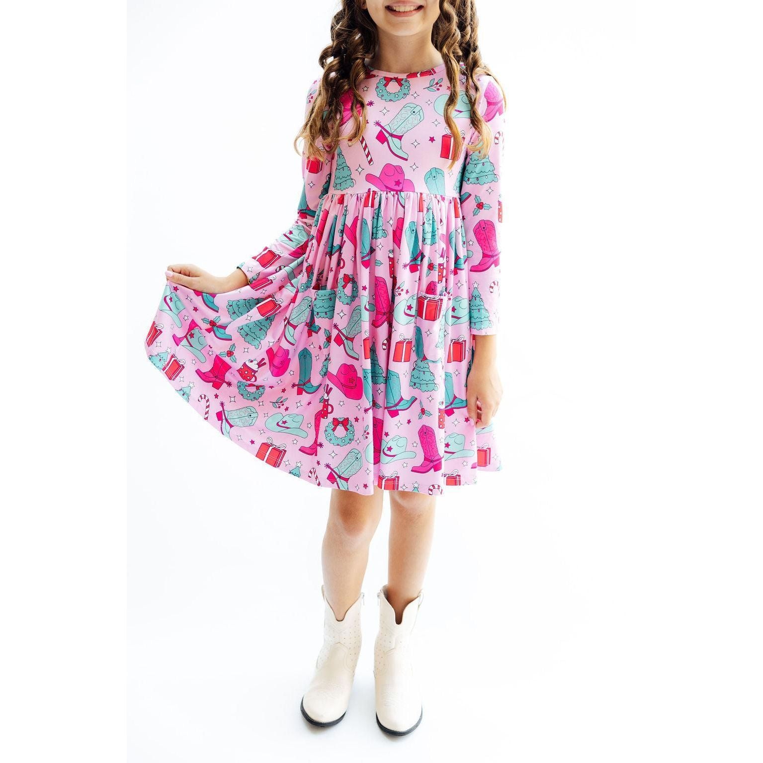 Christmas Cowgirl L/S Pocket Twirl Dress
