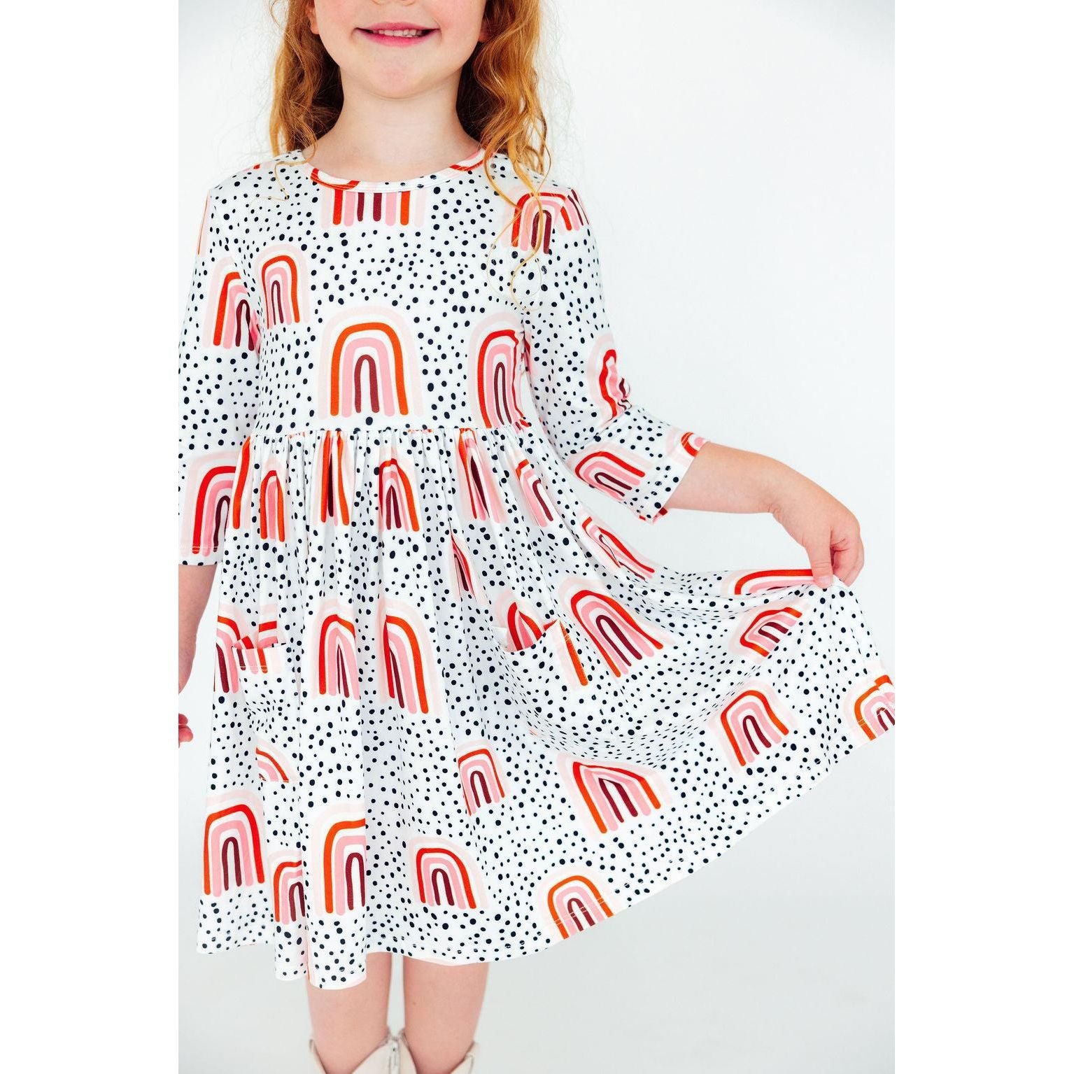 Peach Rainbow 3/4 Sleeve Pocket Twirl Dress
