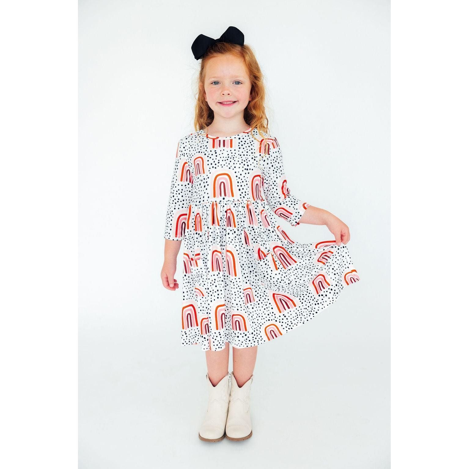 Peach Rainbow 3/4 Sleeve Pocket Twirl Dress