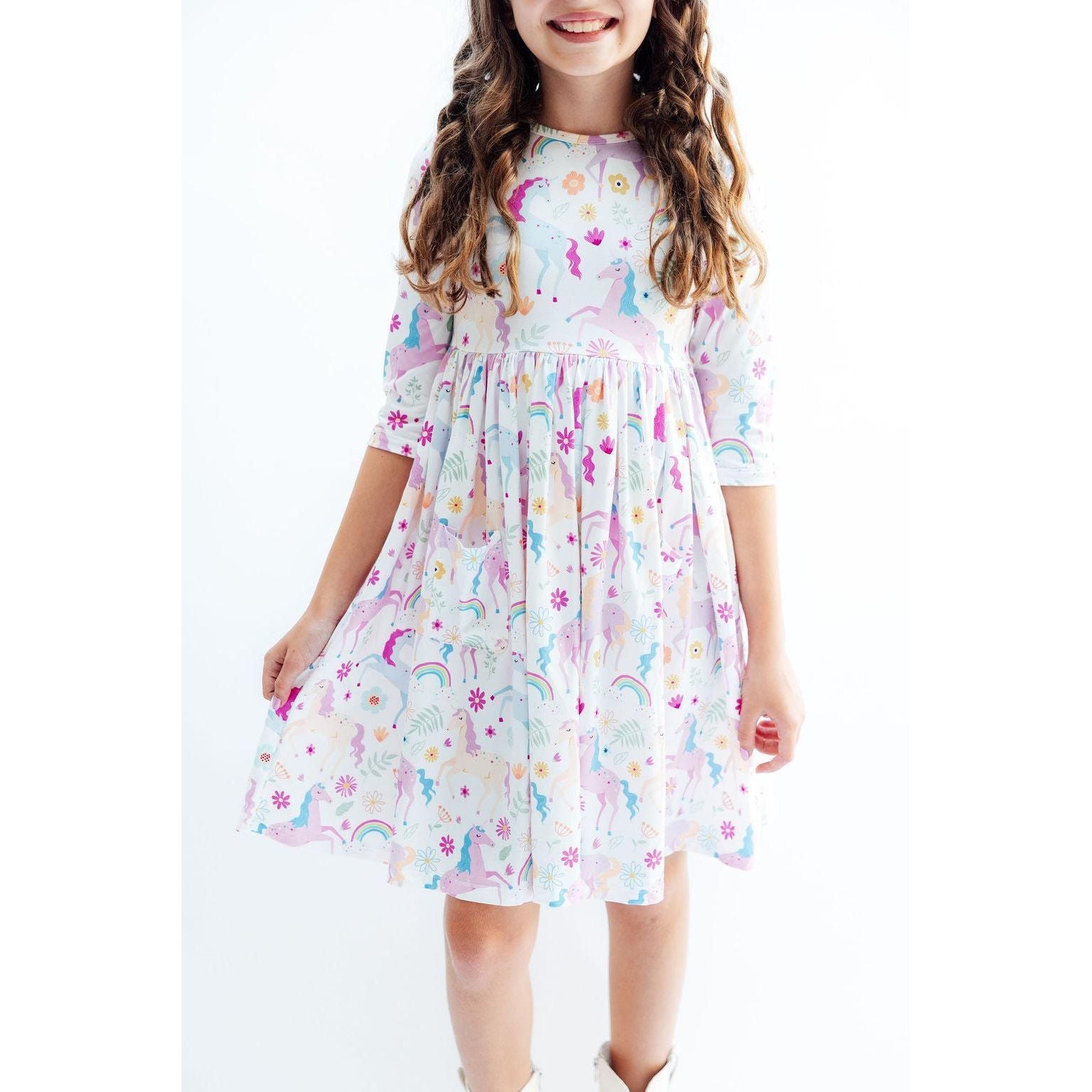 Rainbow Vibes 3/4 Sleeve Pocket Twirl Dress