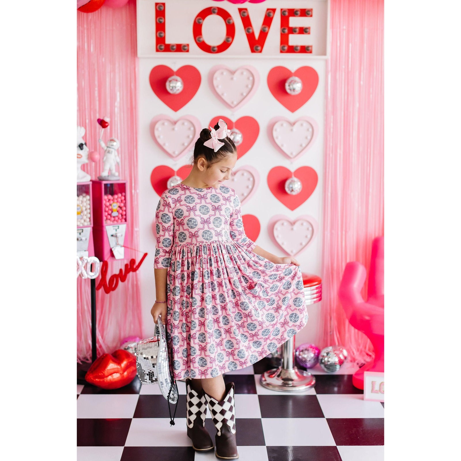 SALE Disco Bows 3/4 Sleeve Pocket Twirl Dress