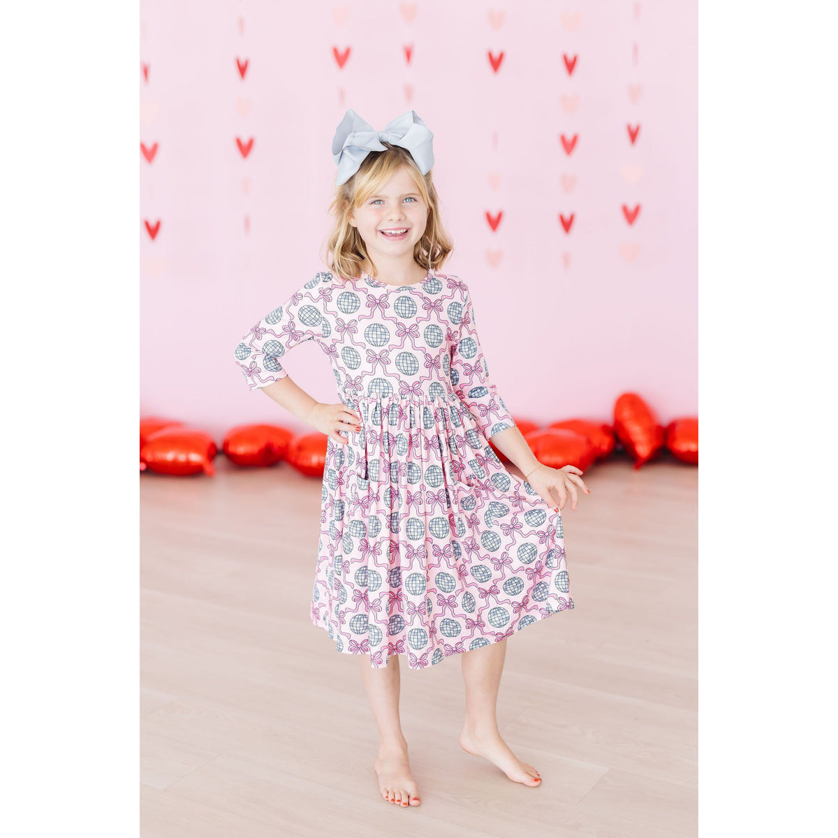 SALE Disco Bows 3/4 Sleeve Pocket Twirl Dress