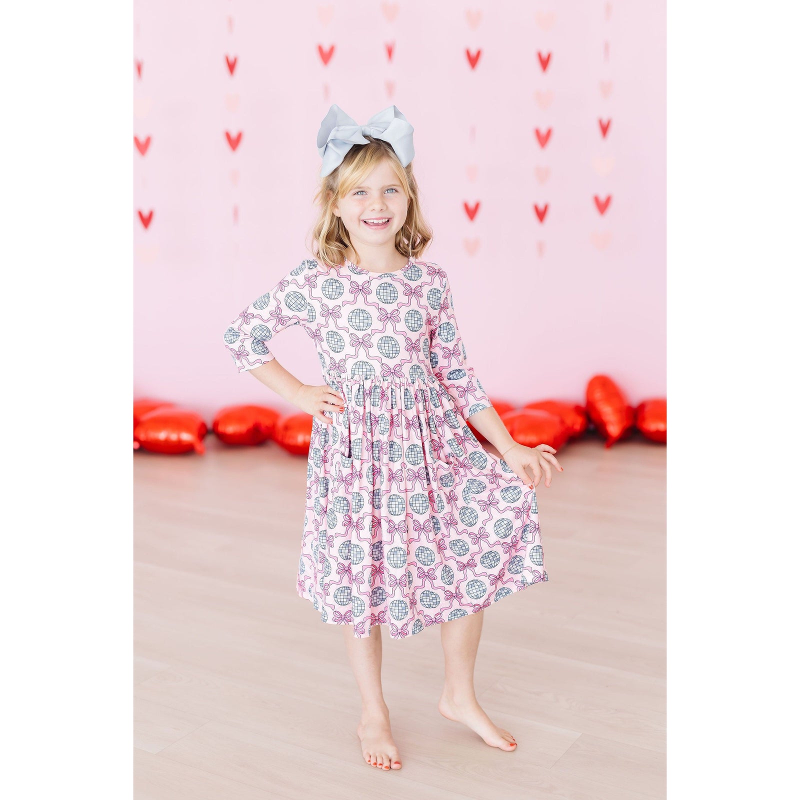 SALE Disco Bows 3/4 Sleeve Pocket Twirl Dress