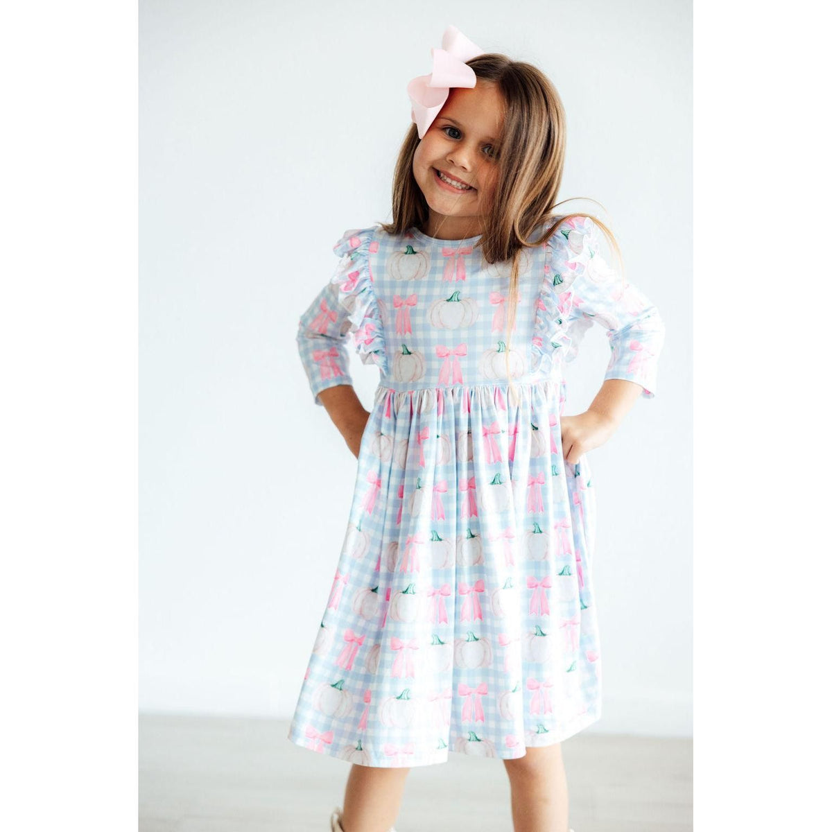 SALE Pumpkin Picnic 3/4 Sleeve Ruffle Twirl Dress