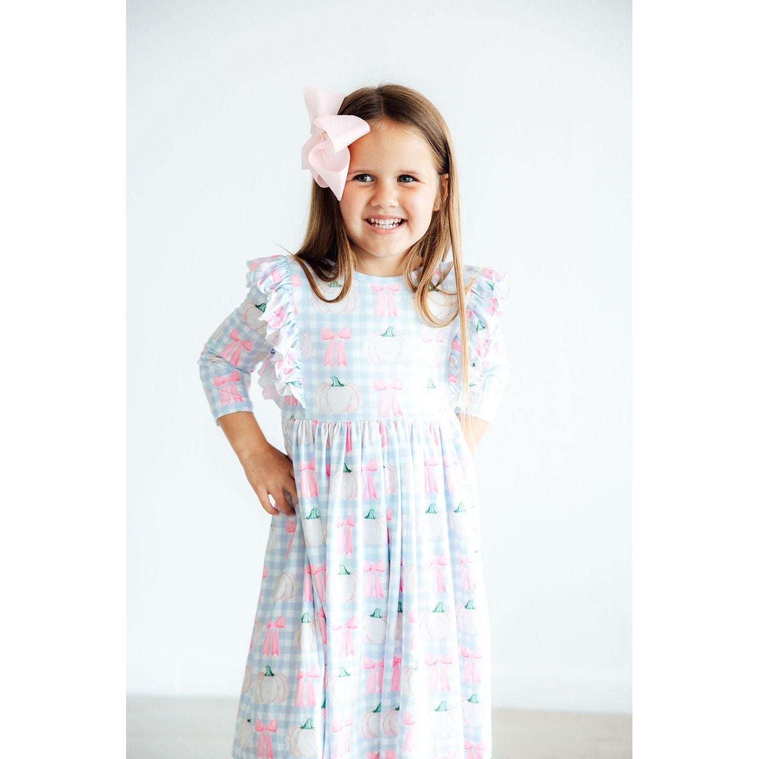 SALE Pumpkin Picnic 3/4 Sleeve Ruffle Twirl Dress