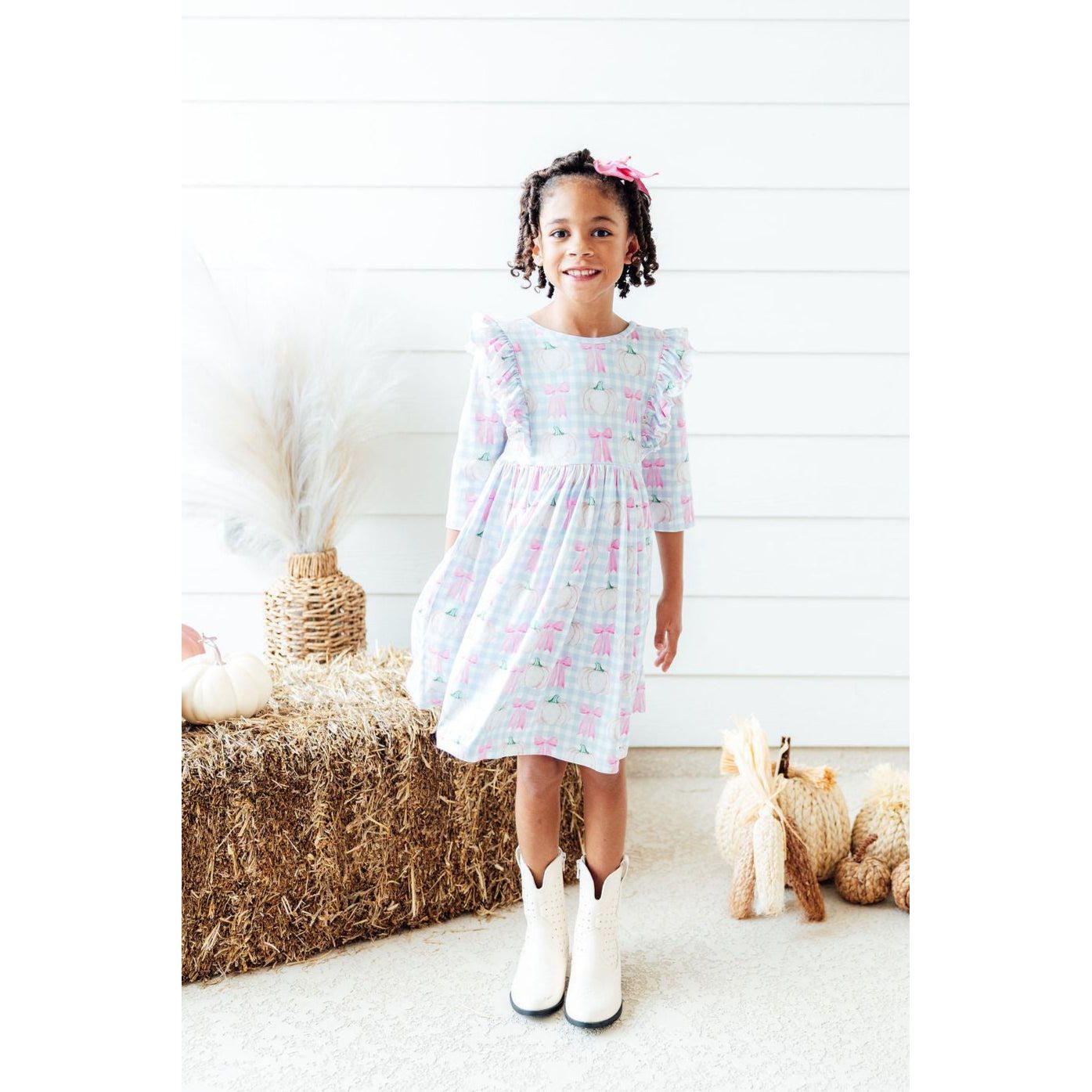SALE Pumpkin Picnic 3/4 Sleeve Ruffle Twirl Dress