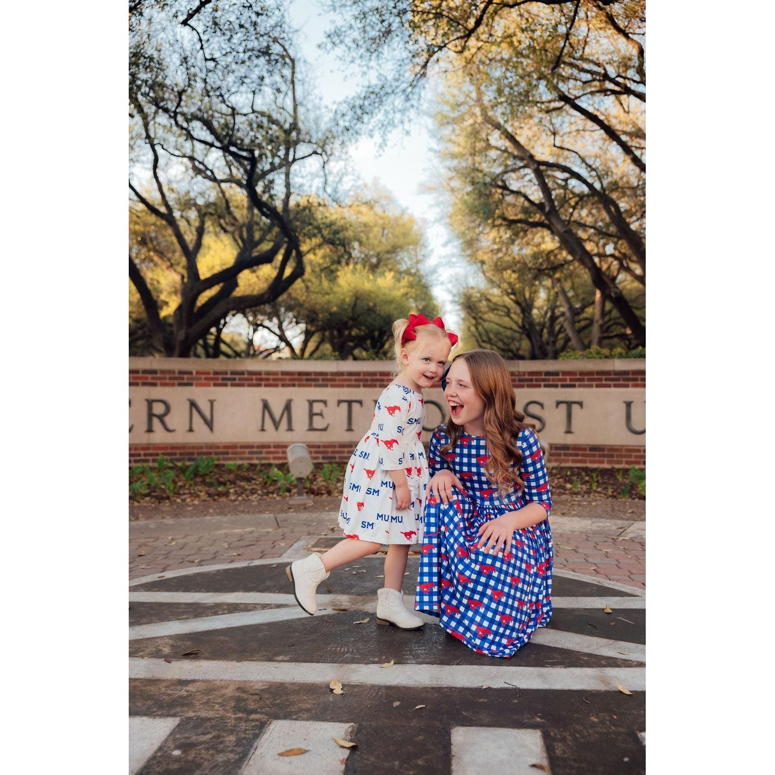 SMU Plaid Mustang 3/4 Sleeve Pocket Twirl Dress