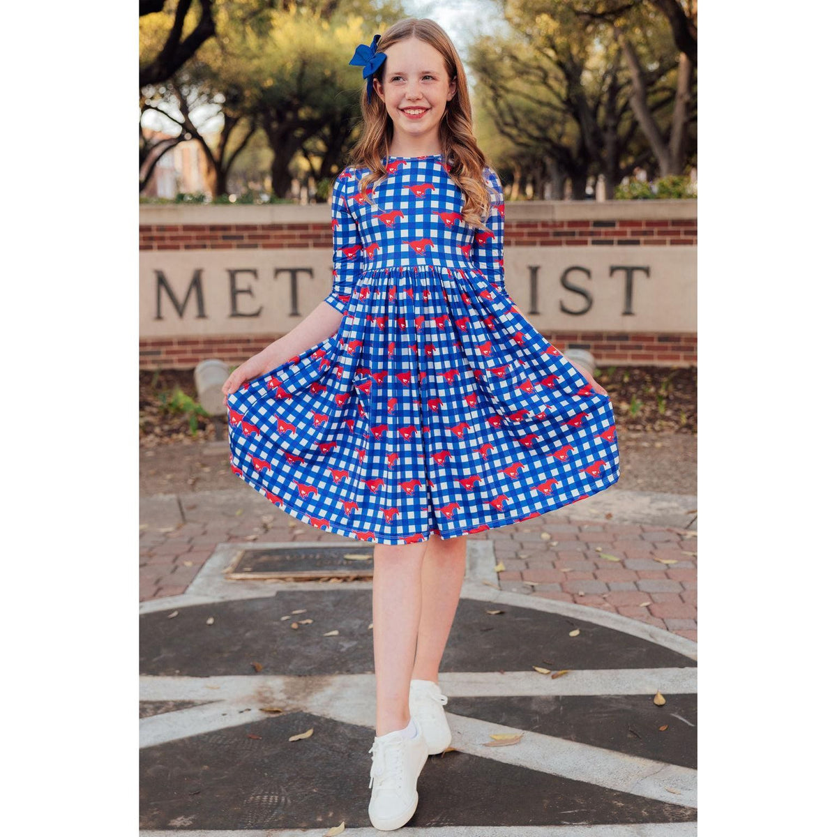 SMU Plaid Mustang 3/4 Sleeve Pocket Twirl Dress