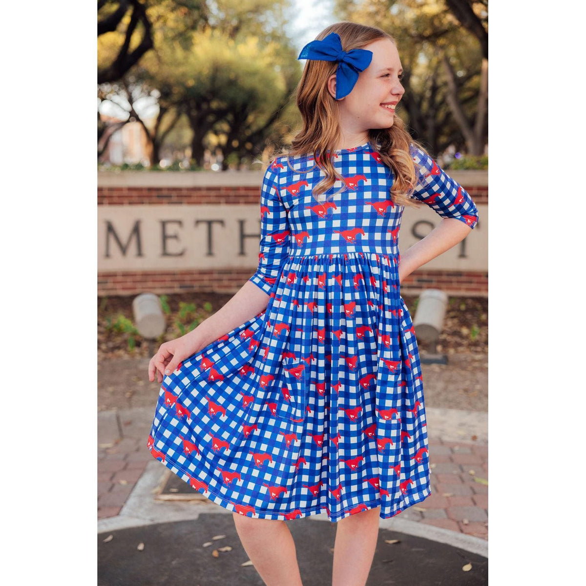 SMU Plaid Mustang 3/4 Sleeve Pocket Twirl Dress