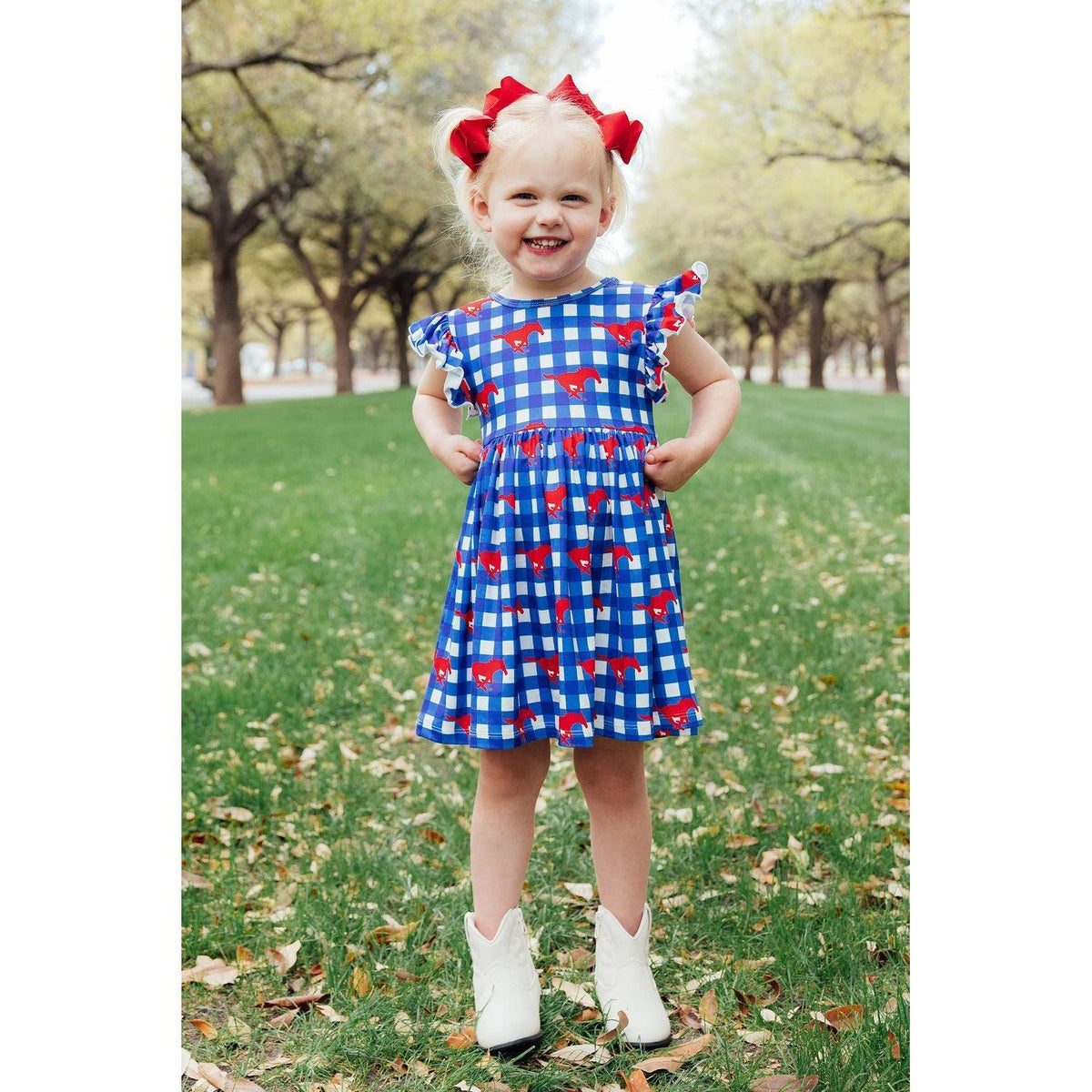 SMU Plaid Mustang Flutter Twirl Dress