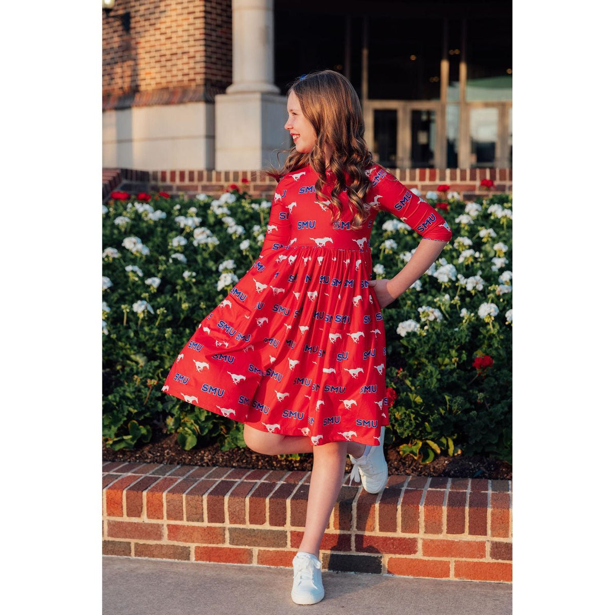 SMU Red Mustang 3/4 Sleeve Pocket Twirl Dress