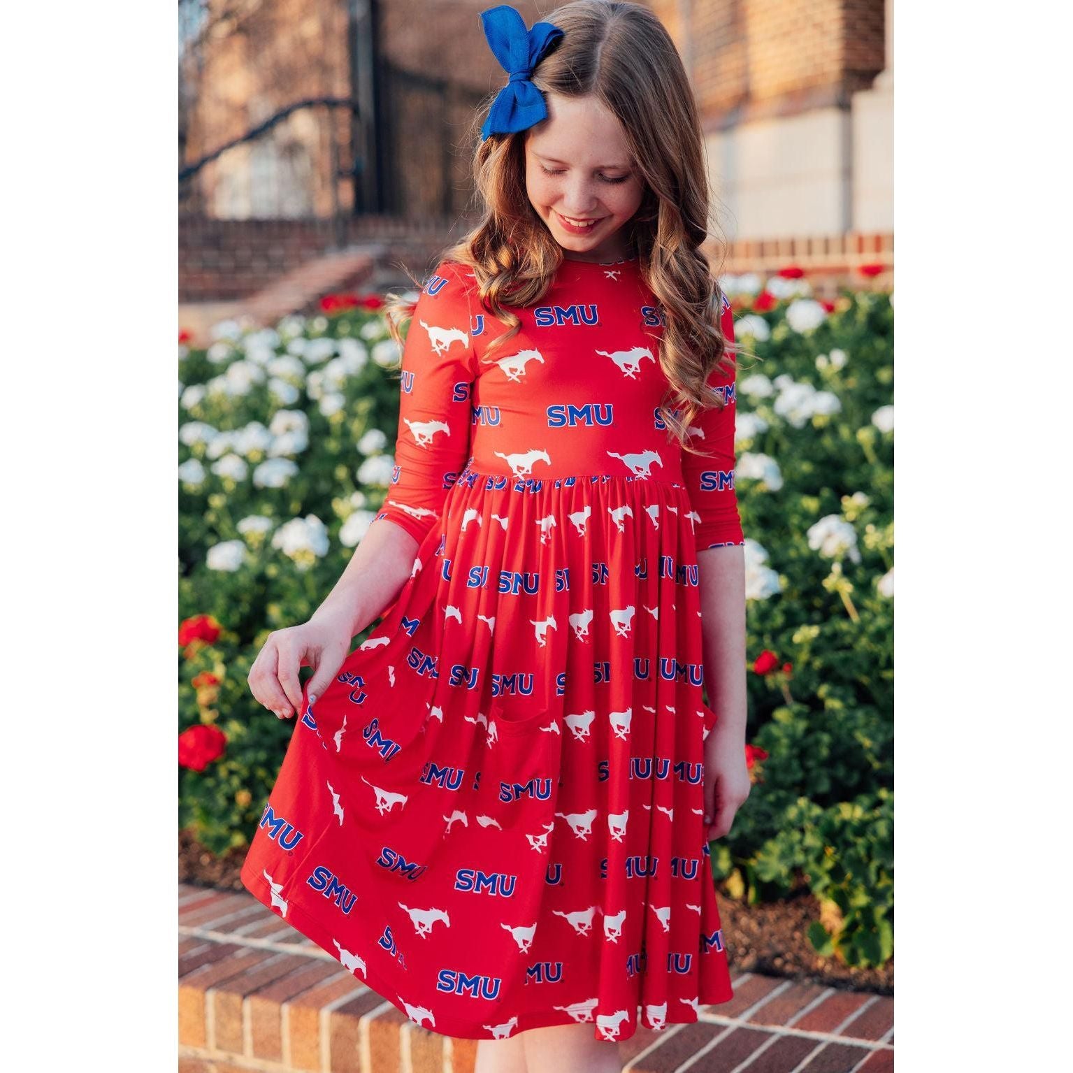 SMU Red Mustang 3/4 Sleeve Pocket Twirl Dress
