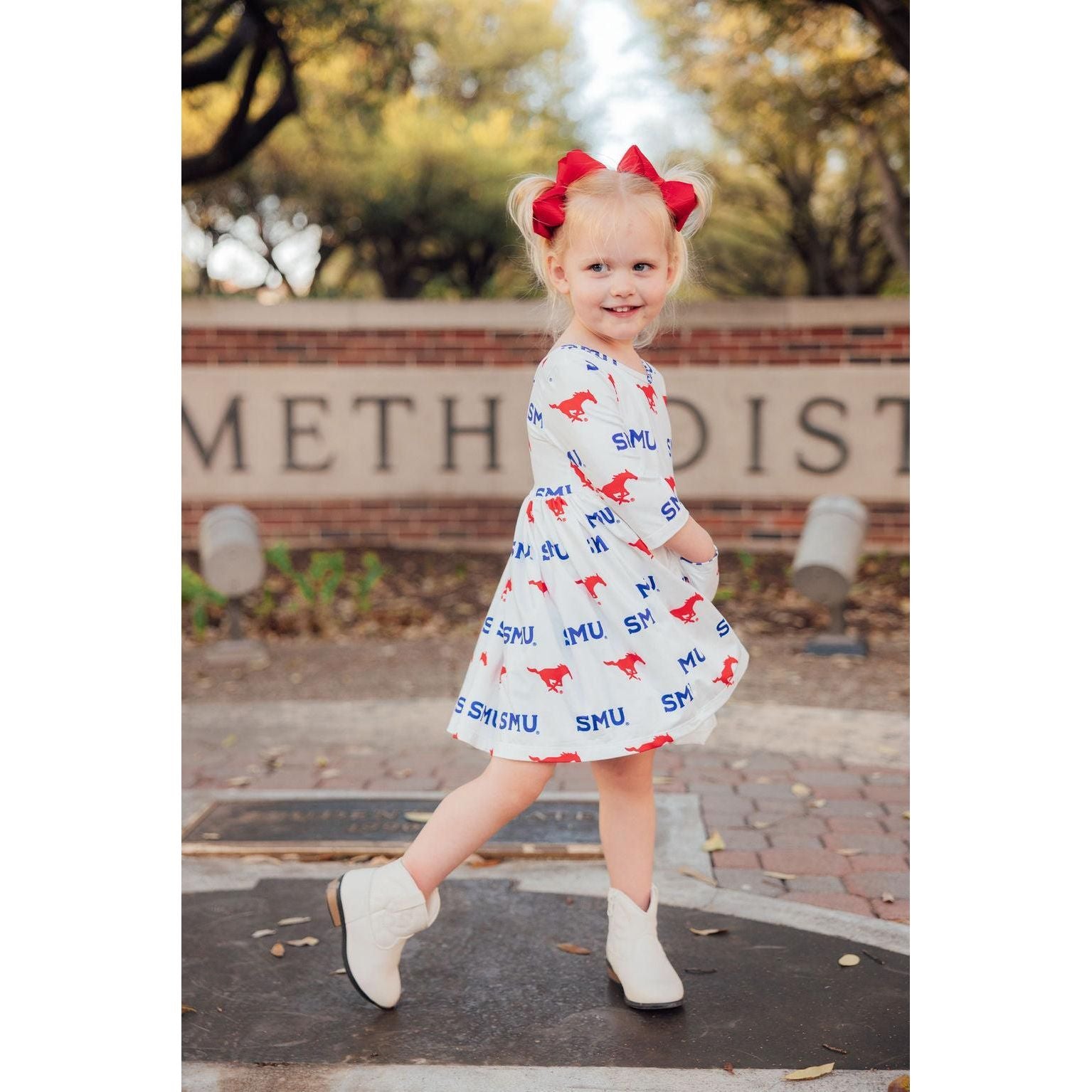 SMU White Mustang 3/4 Sleeve Pocket Twirl Dress