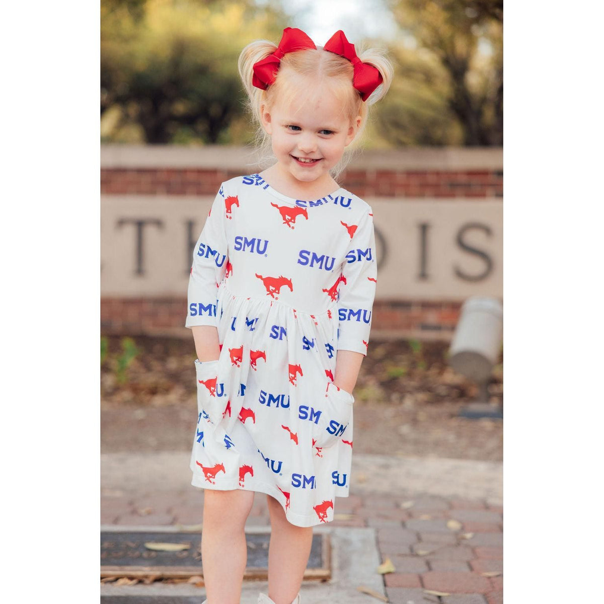 SMU White Mustang 3/4 Sleeve Pocket Twirl Dress