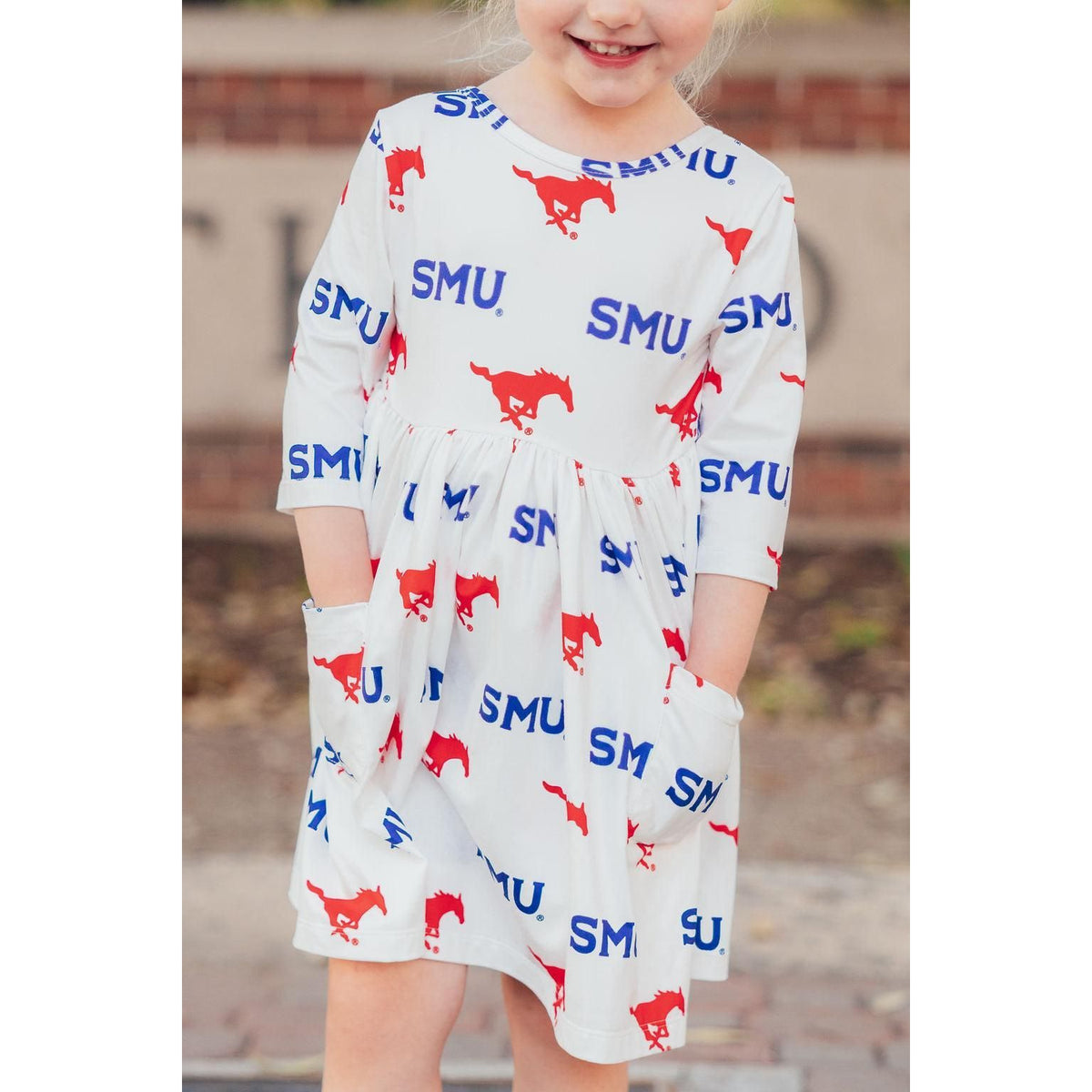 SMU White Mustang 3/4 Sleeve Pocket Twirl Dress