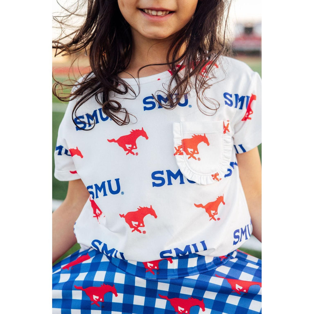 SMU White Mustang Ruffle Pocket Tee