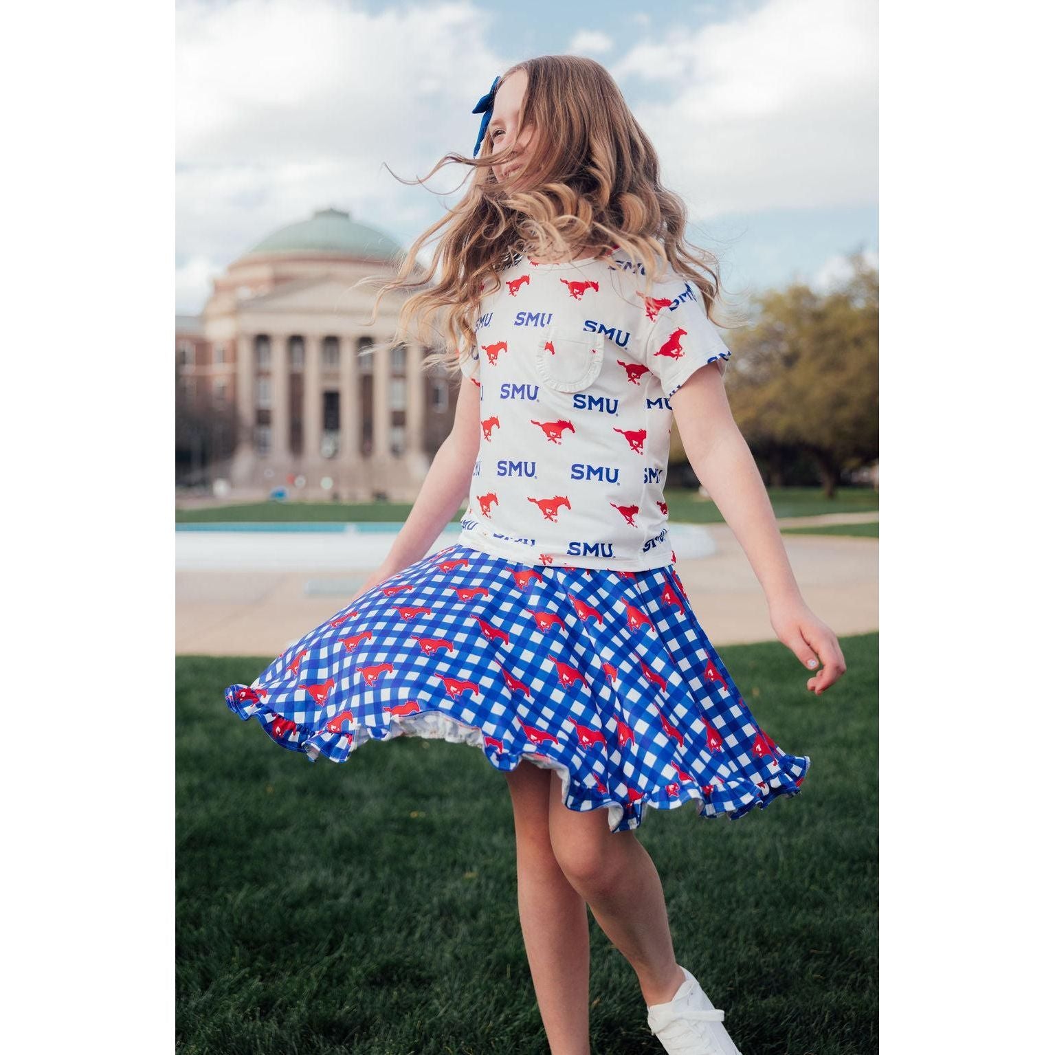 SMU White Mustang Ruffle Pocket Tee