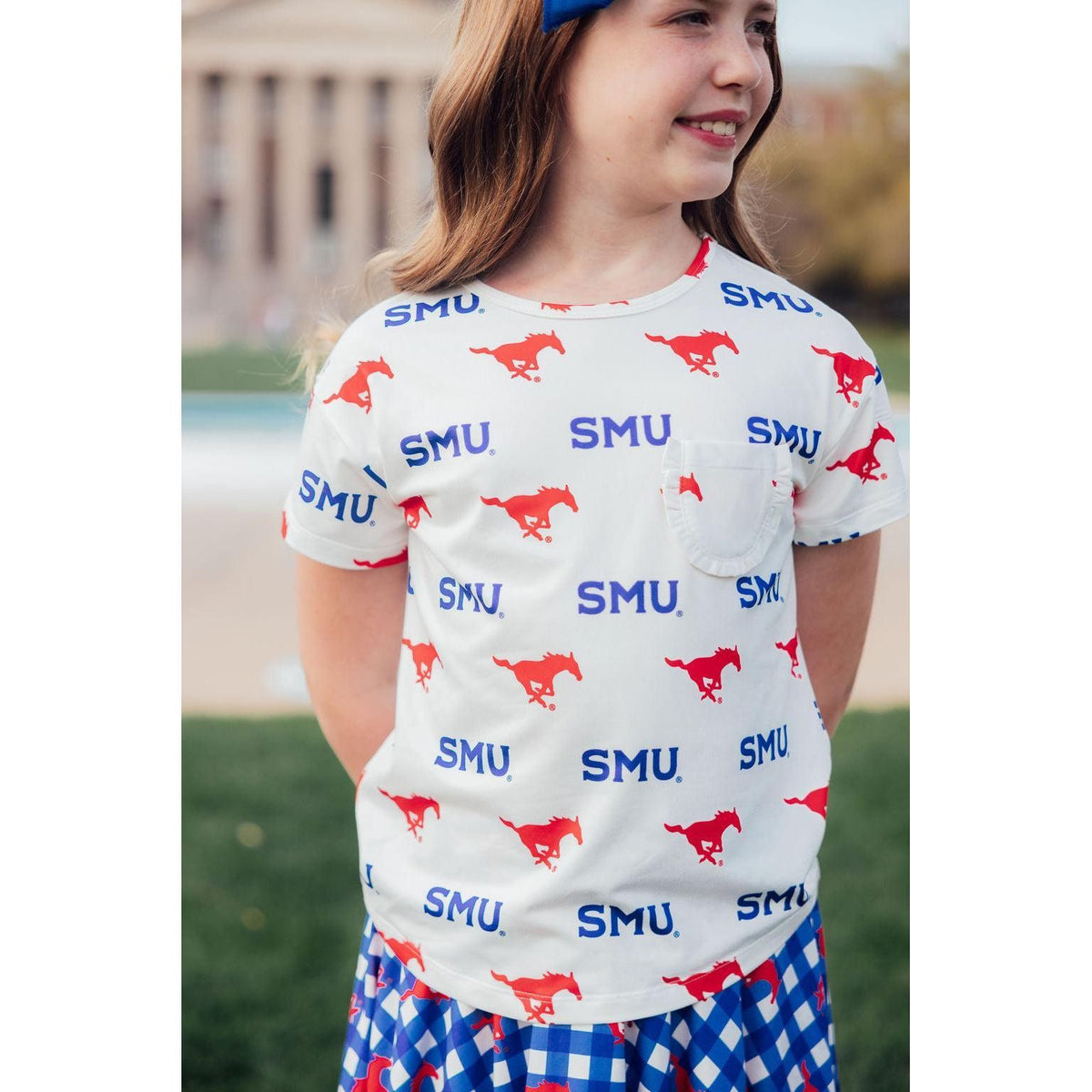 SMU White Mustang Ruffle Pocket Tee