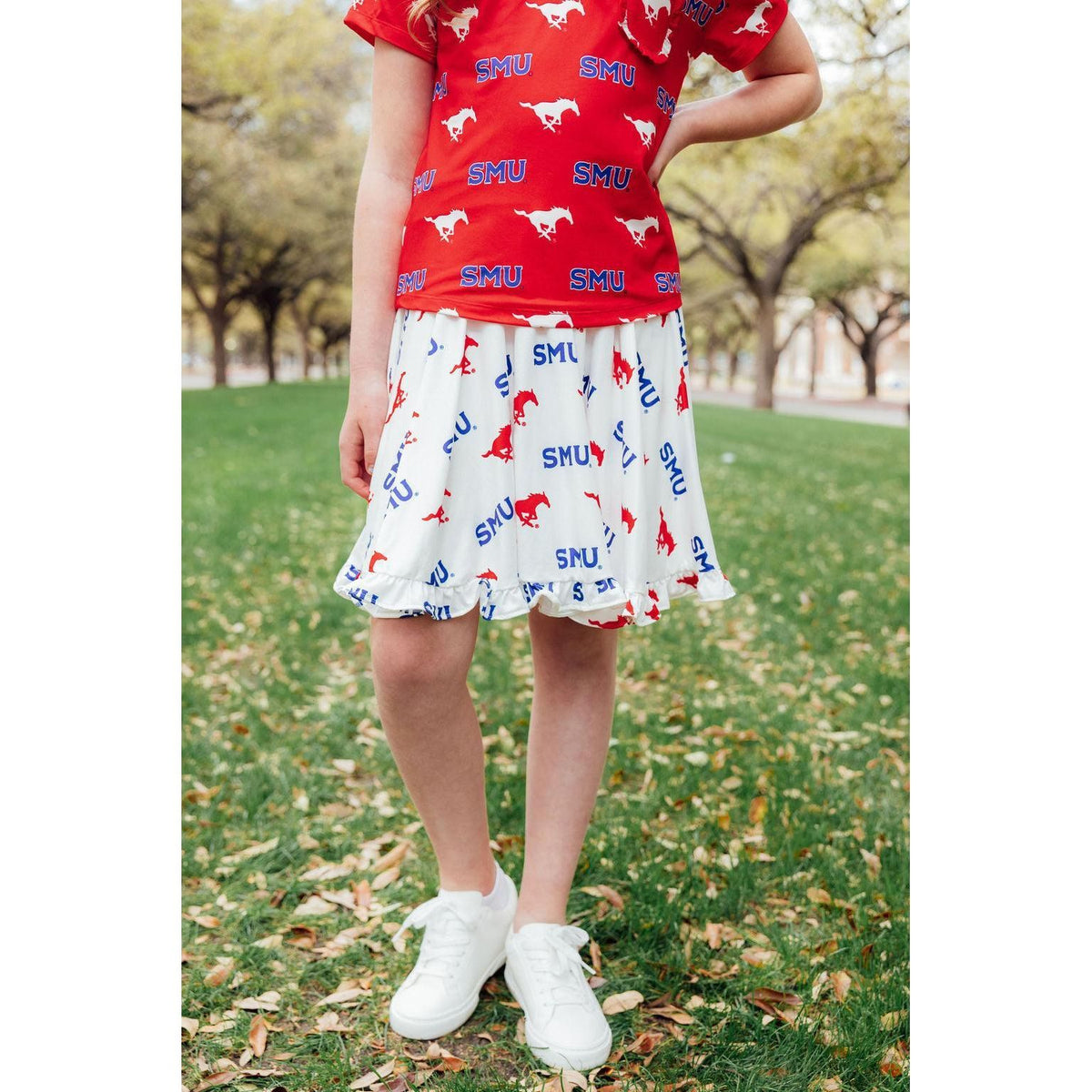 SMU White Mustang Ruffle Twirl Skort