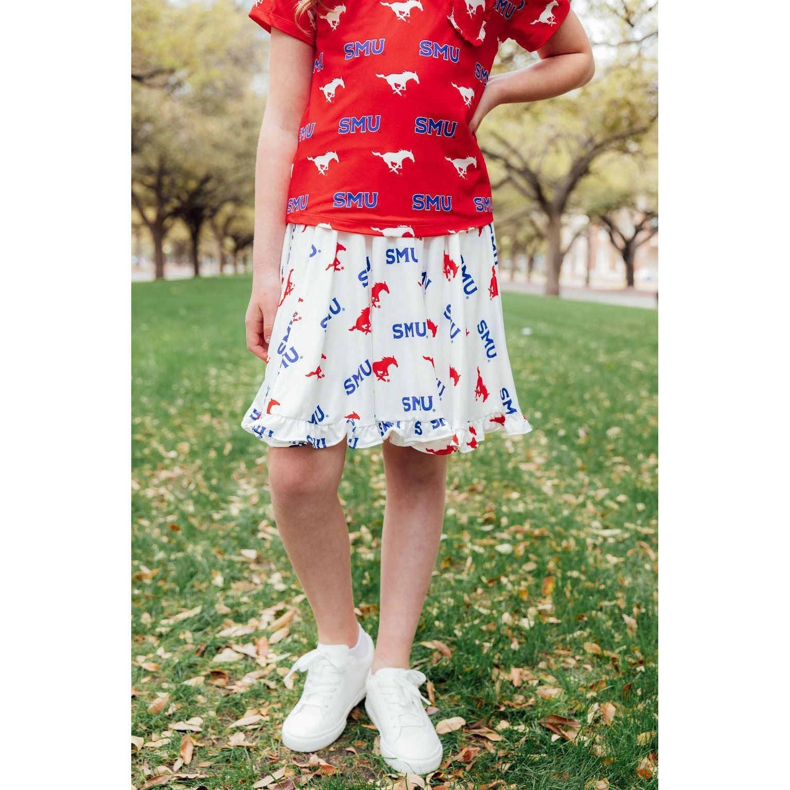 SMU White Mustang Ruffle Twirl Skort