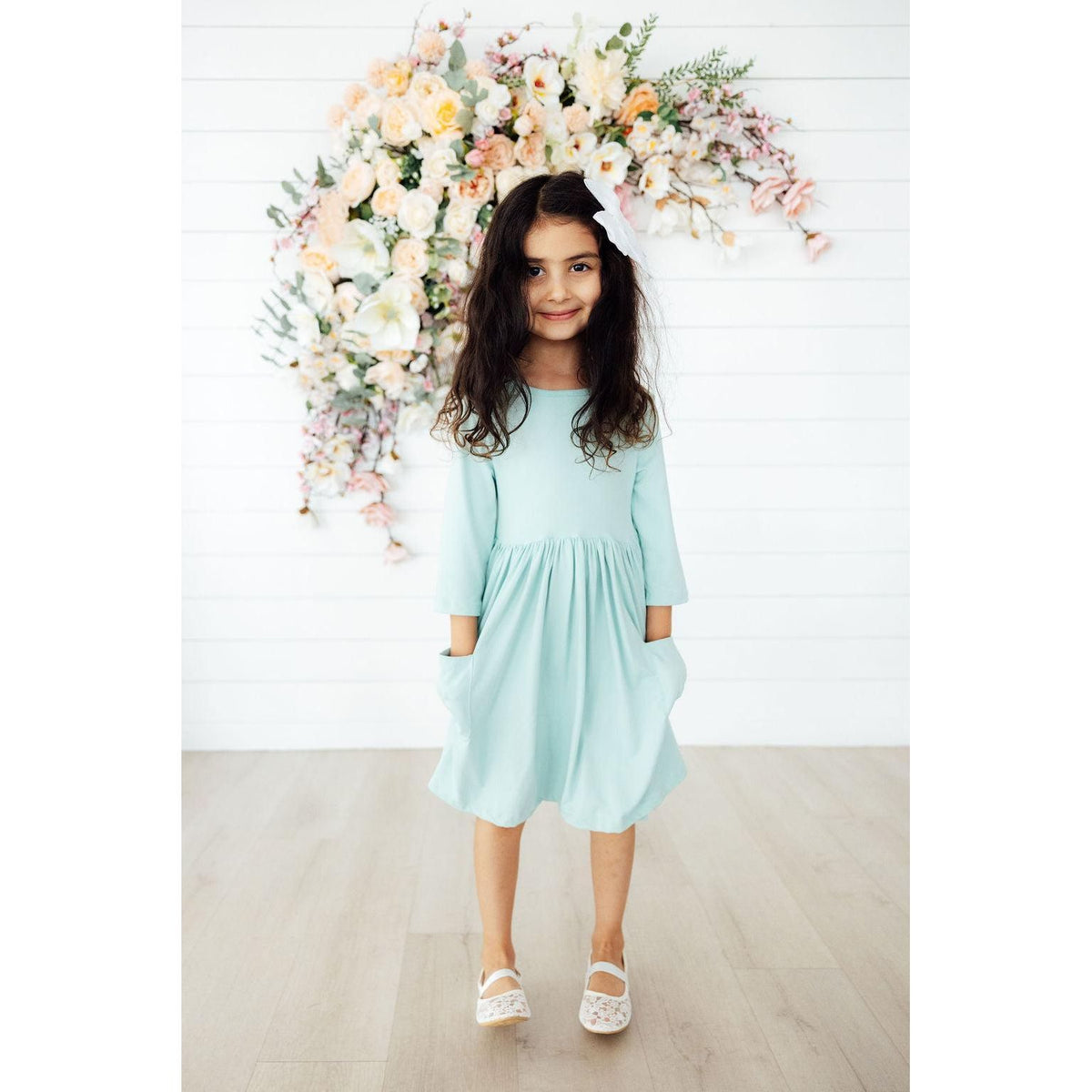 Sage 3/4 Sleeve Pocket Twirl Dress