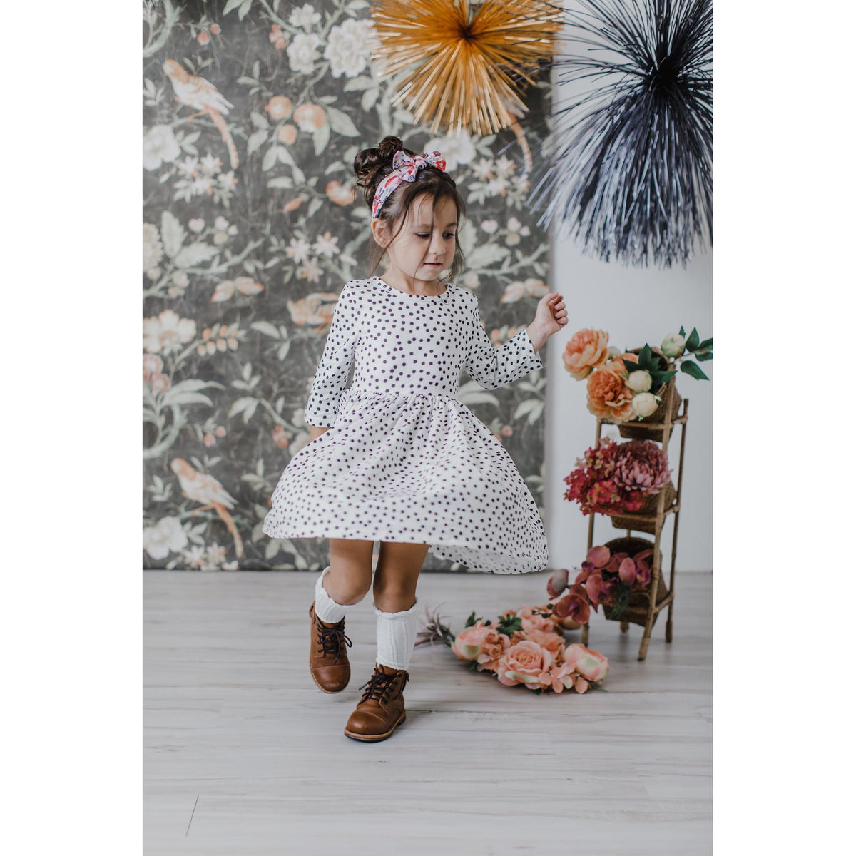 Scattered Dot 3/4 Sleeve Pocket Twirl Dress