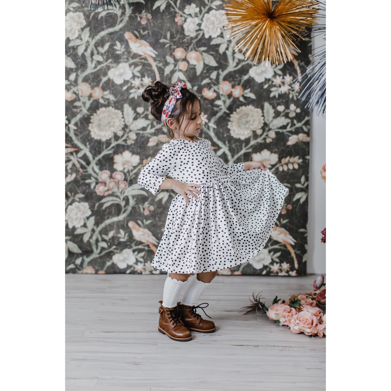 Scattered Dot 3/4 Sleeve Pocket Twirl Dress