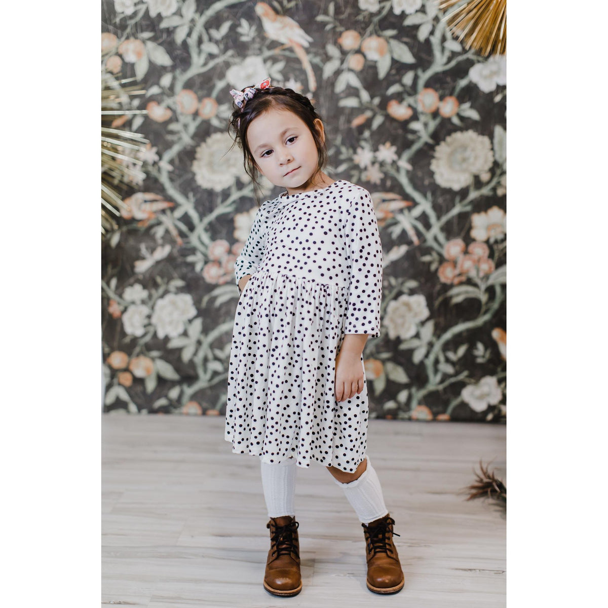 Scattered Dot 3/4 Sleeve Pocket Twirl Dress