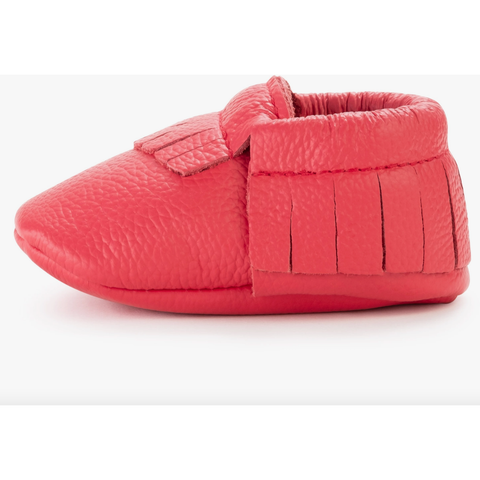 leather baby moccasins | hibiscus red