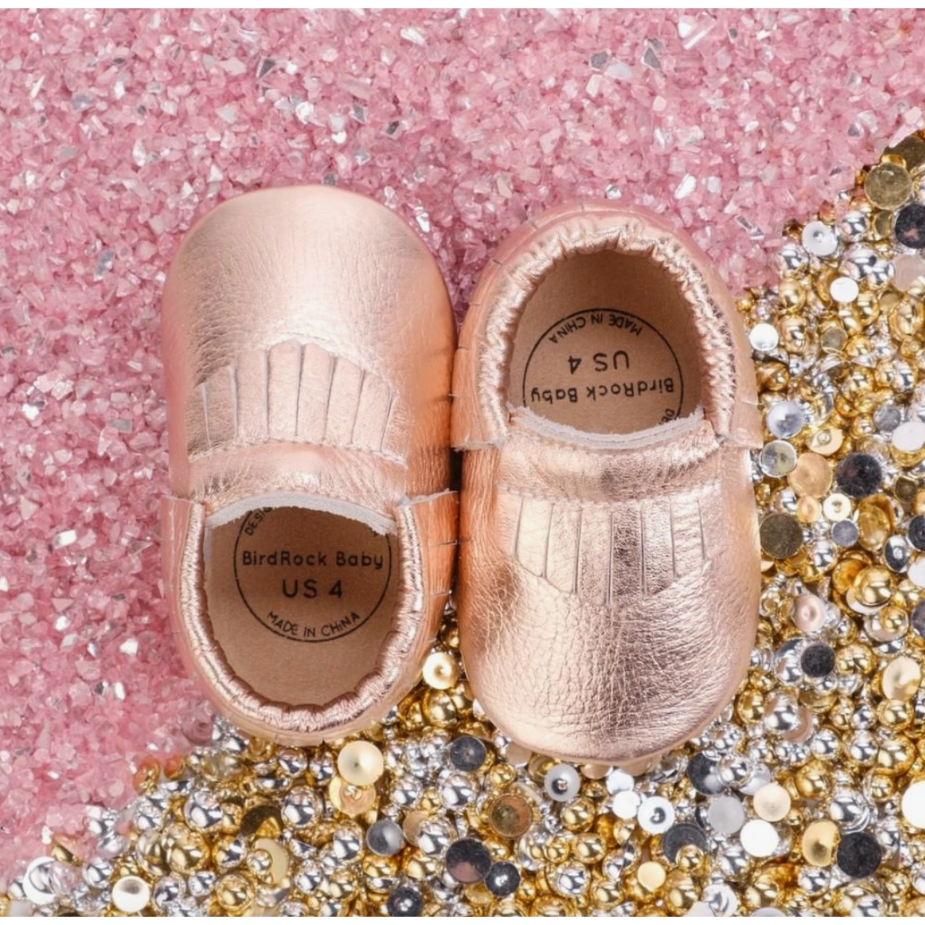 leather baby moccasins | rose gold
