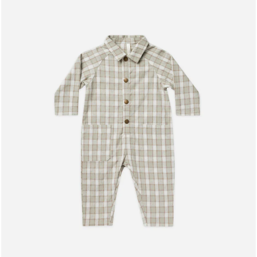 collared baby jumpsuit || pewter plaid