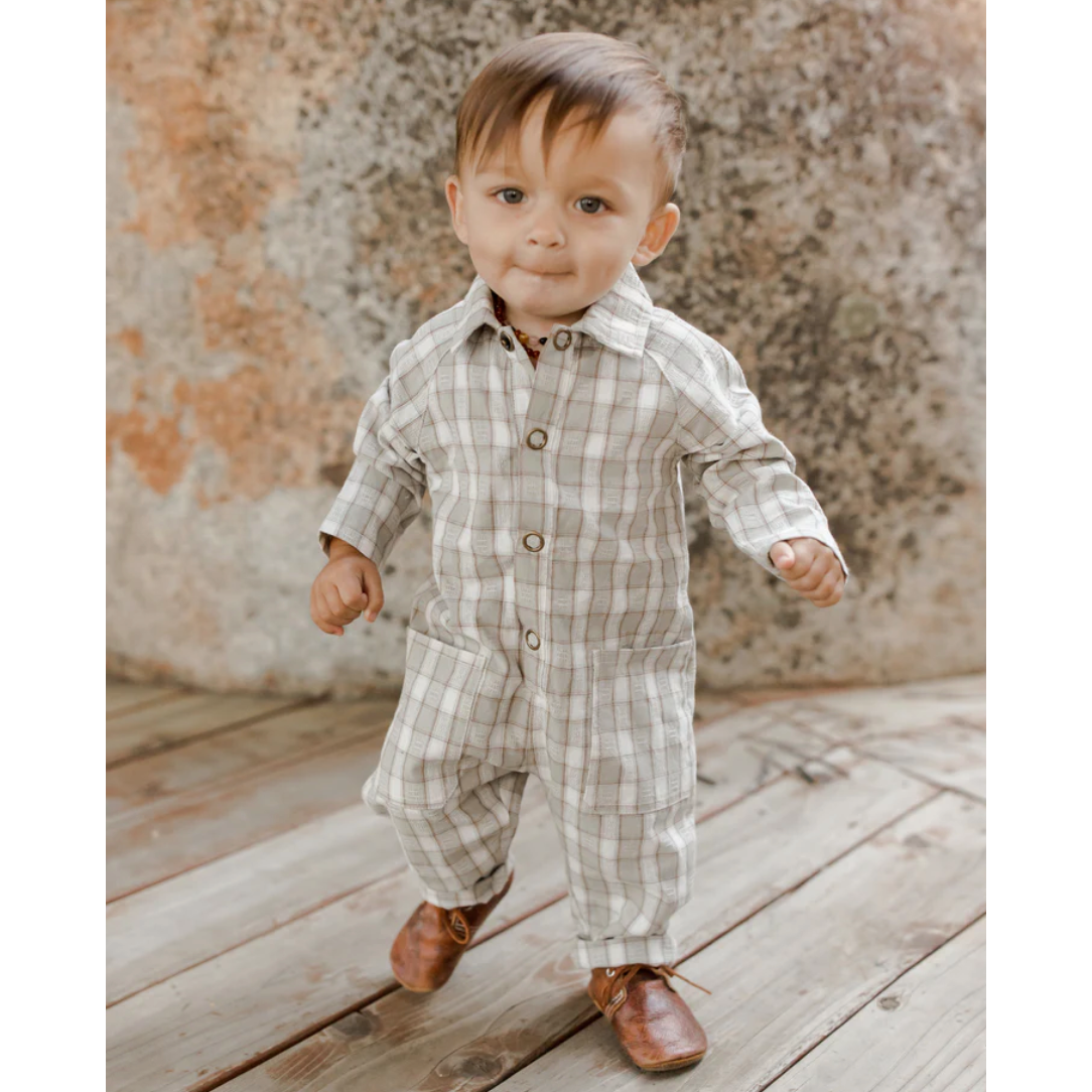 collared baby jumpsuit || pewter plaid