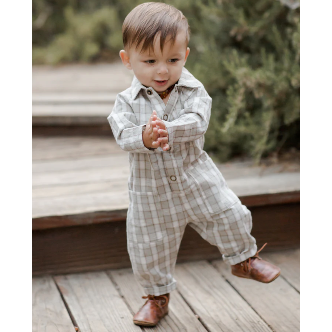 collared baby jumpsuit || pewter plaid